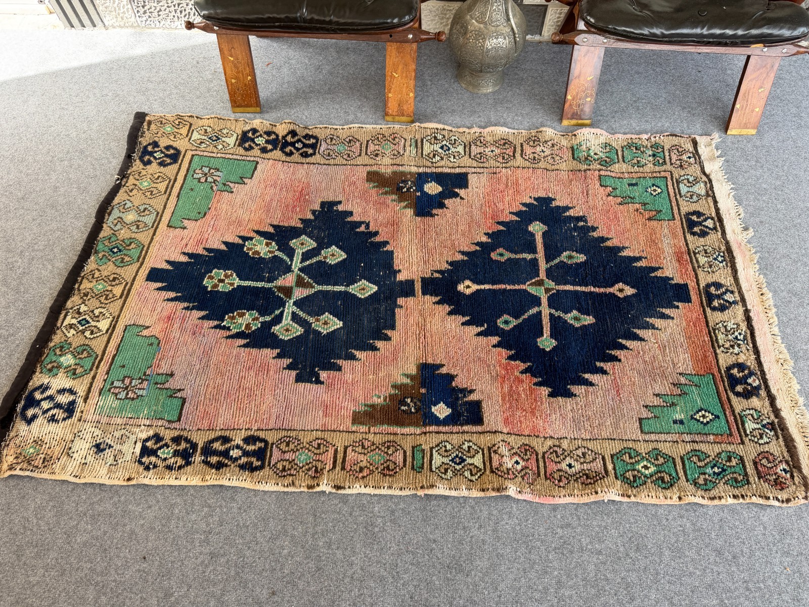 Vintage Turkish Oushak Rug 3×5 Ft, Handmade Anatolian Wool Rug Blue Boho Accent