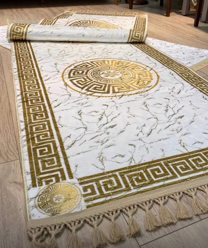 Luxury White Gold Rug, White Marble Pattern Rug, Gold Border Rug, Home Rug