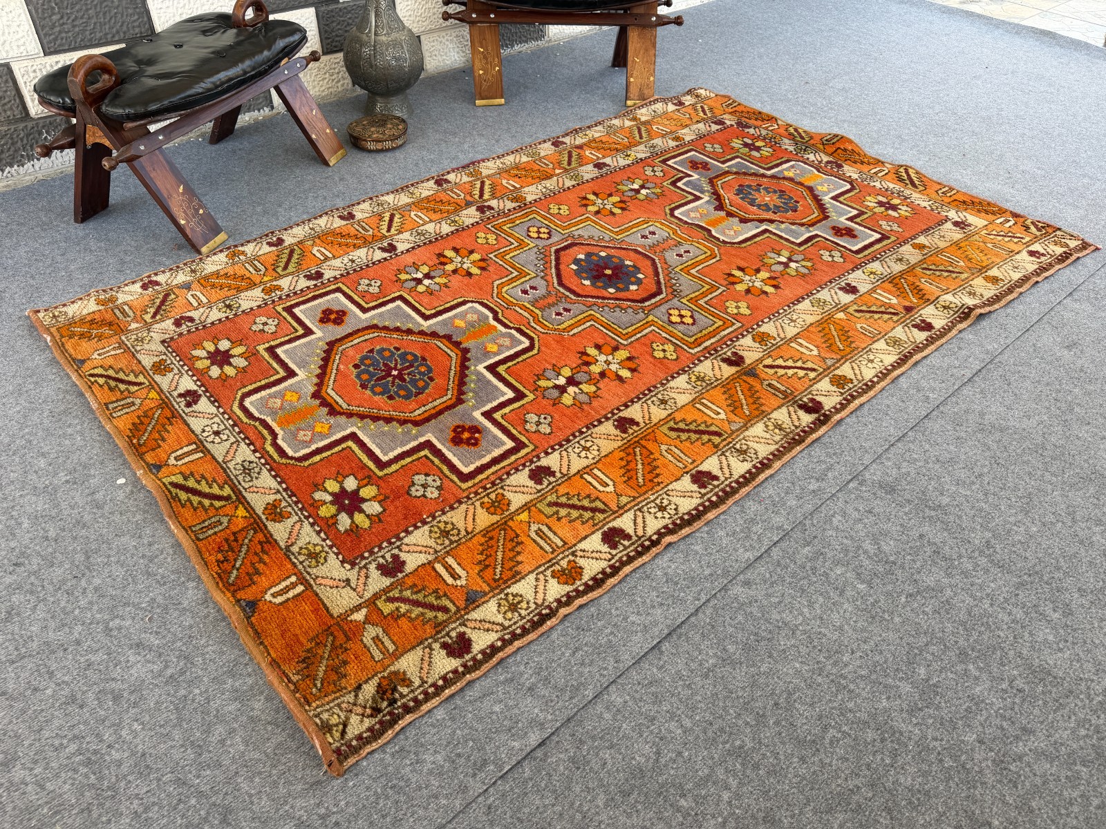 Vintage Caucasian Rug 4×7 Handmade Wool Rug Geometric Tribal Medallion Kazak Rug