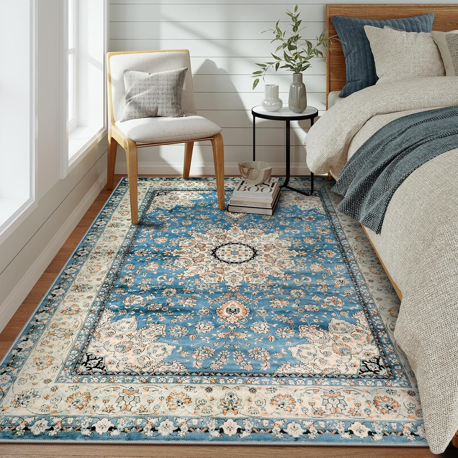 Felice Oriental Floral Medallion Area Rug – 5×7 Large Blue Distressed Living Bed