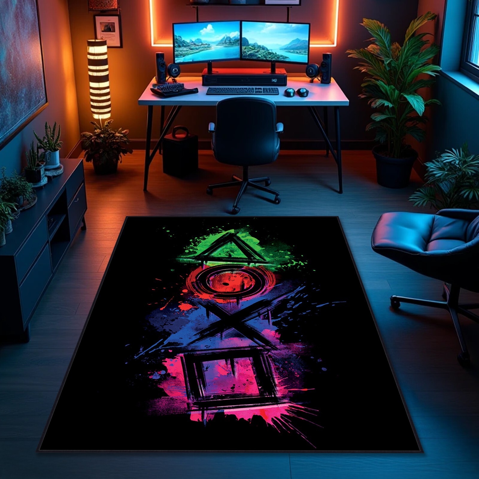 Game Controller Button Rug Black Gaming Room Carpet Nonslip Playroom Decor Mat