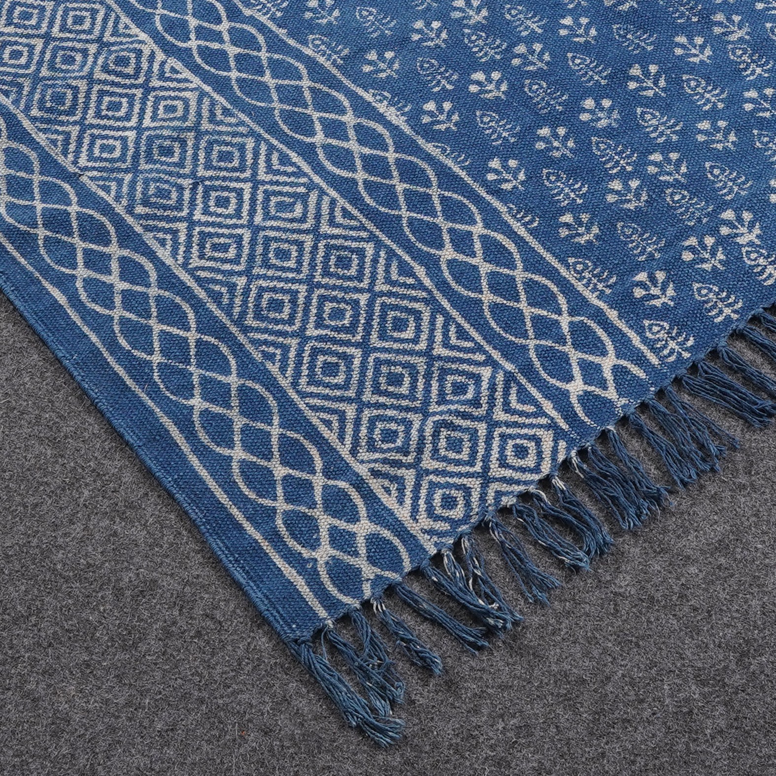 Artisan Hand Block Printed Cotton Rug Indigo Blue Farmhouse Area Carpet 4 x 6 ft