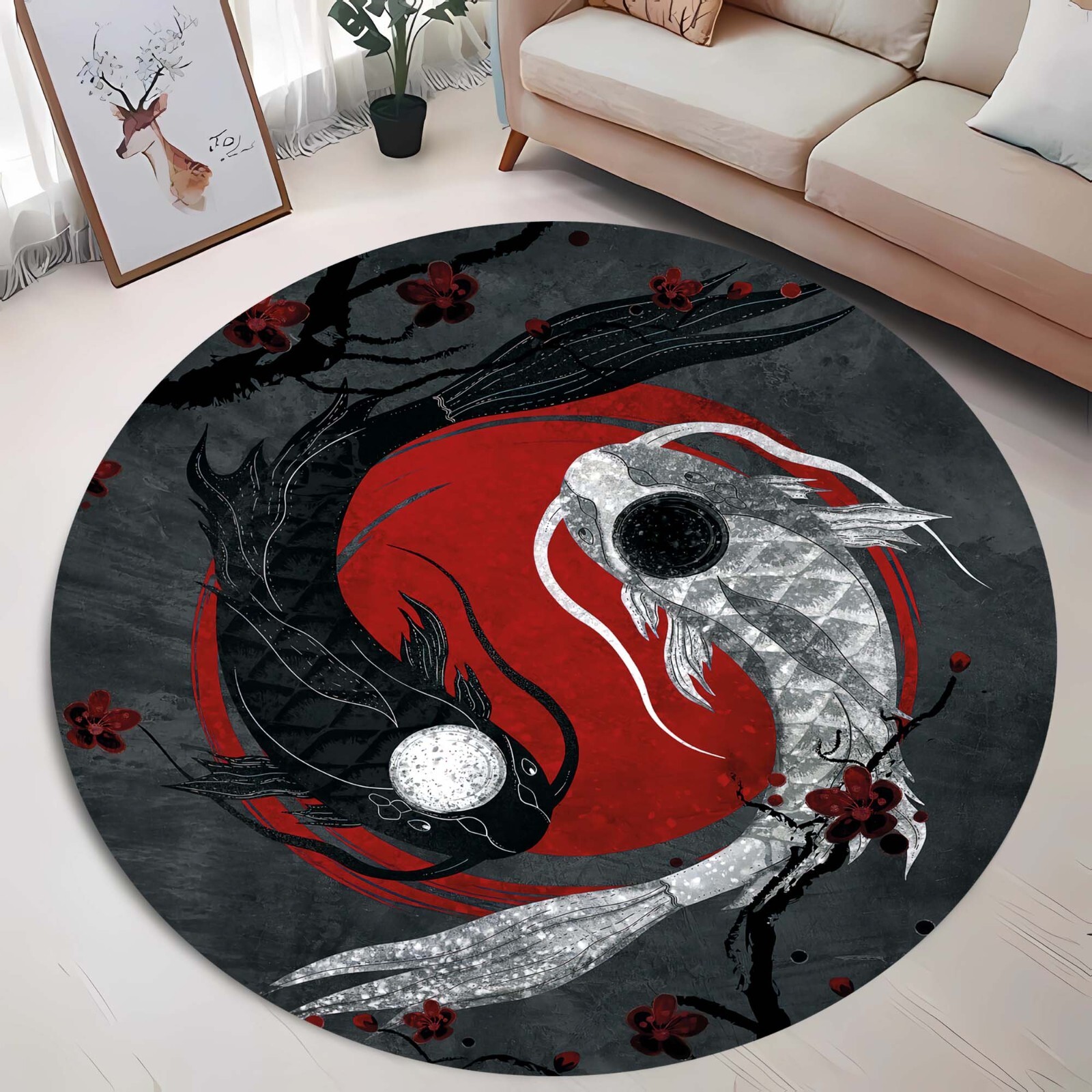 Round Koi Fish Rug, Yin Yang Carp Carpet, Japanese Zen Home Decor, Soft Circular