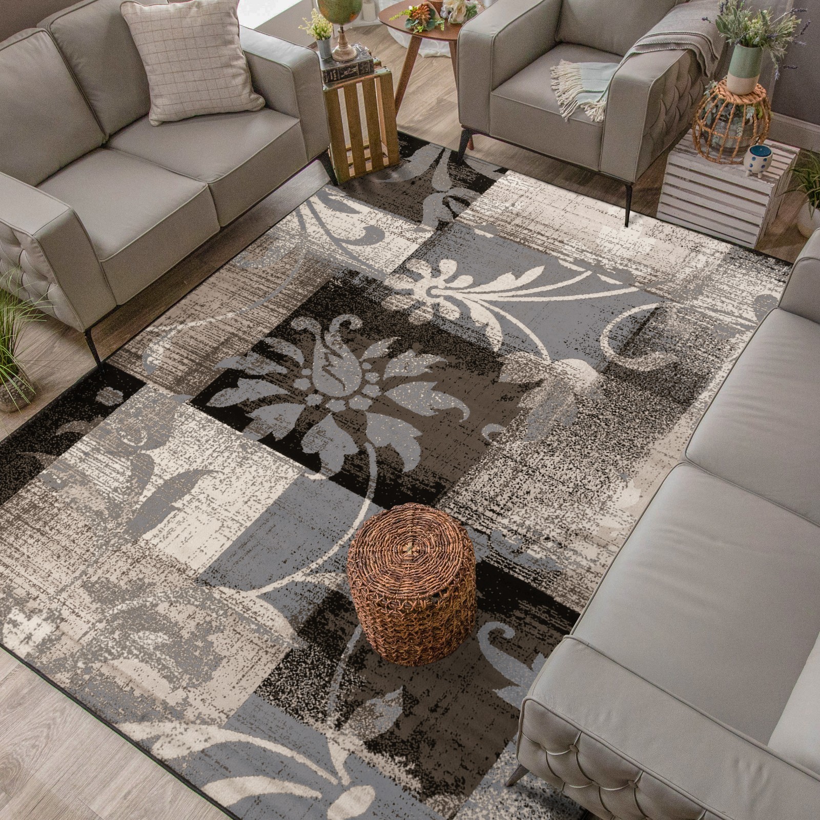 Geometric Patchwork Floral Antistatic Stain Resistant Indoor Area Rug or Runner