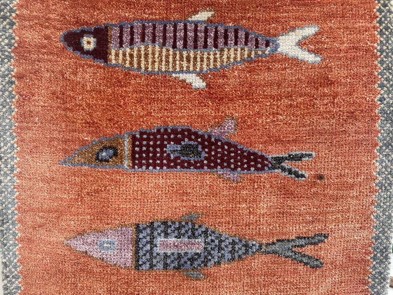 Boho Fish Runner Rug, Coastal Folk Art Carpet, Terracotta Orange Tribal Design