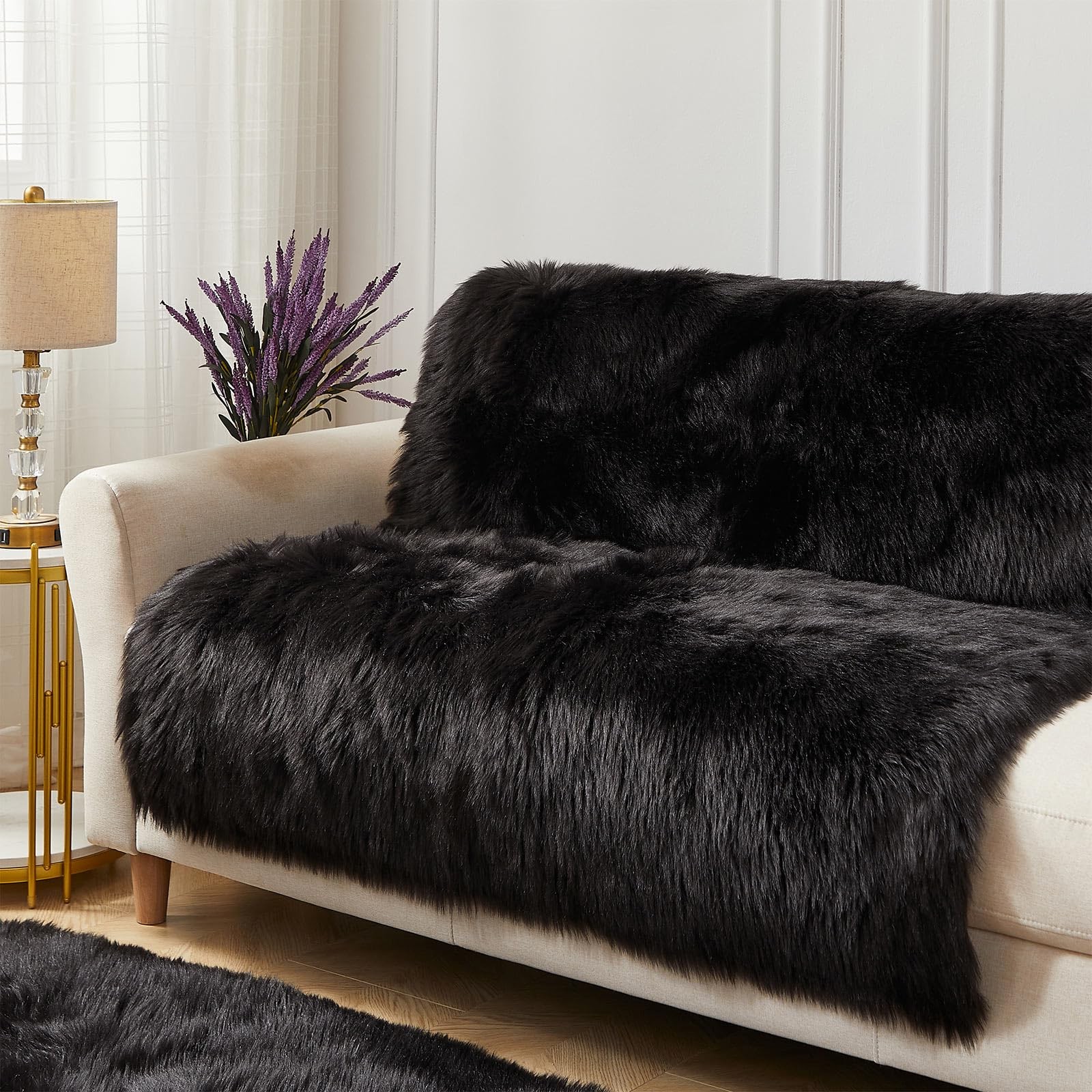 AMTOVO Faux Fur Sheepskin Rug for Living Room, 4 x 6 ft Black Fluffy Area Rug…