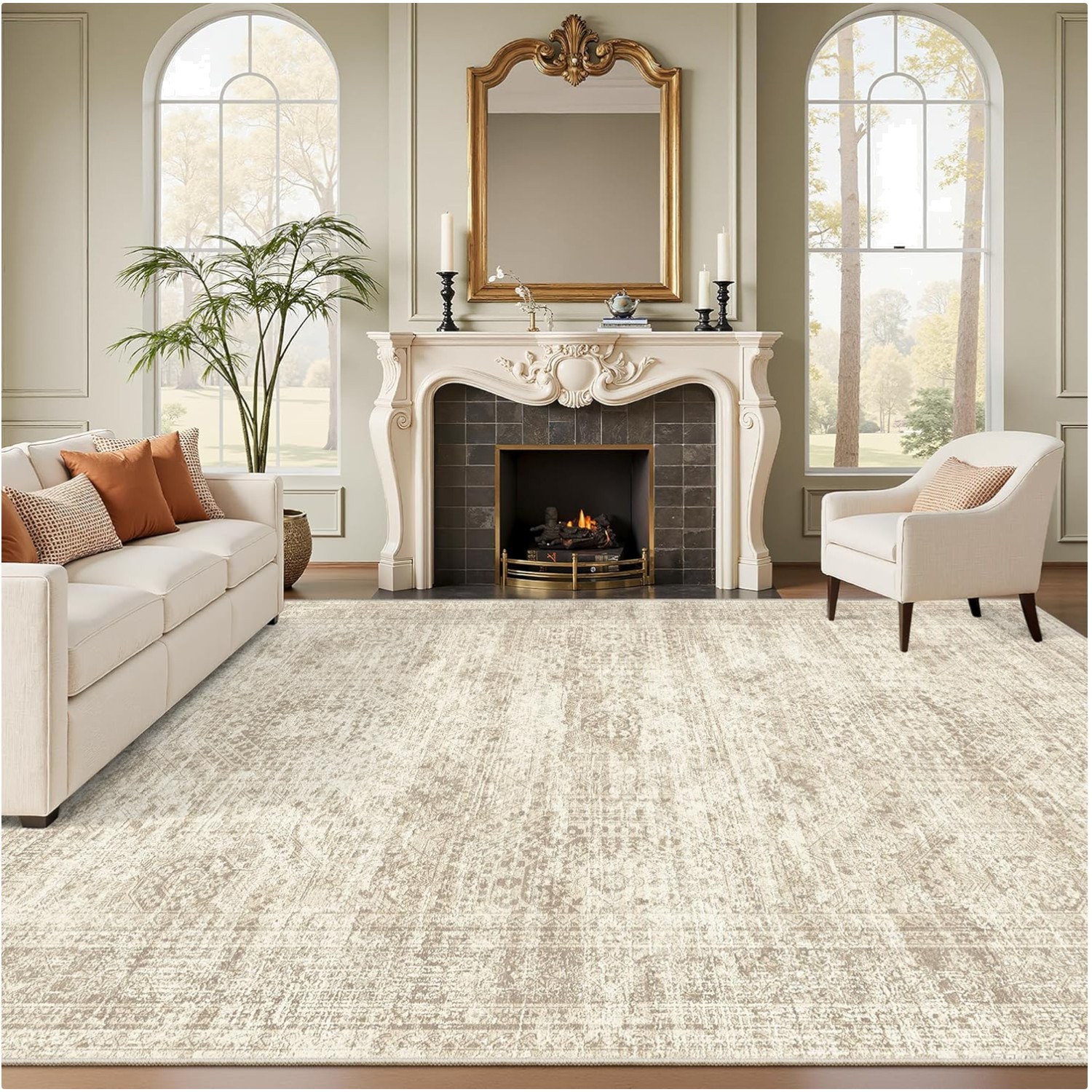 Vintage Beige Washable Area Rug 8×10 – Soft, Non-Slip & Stain Resistant