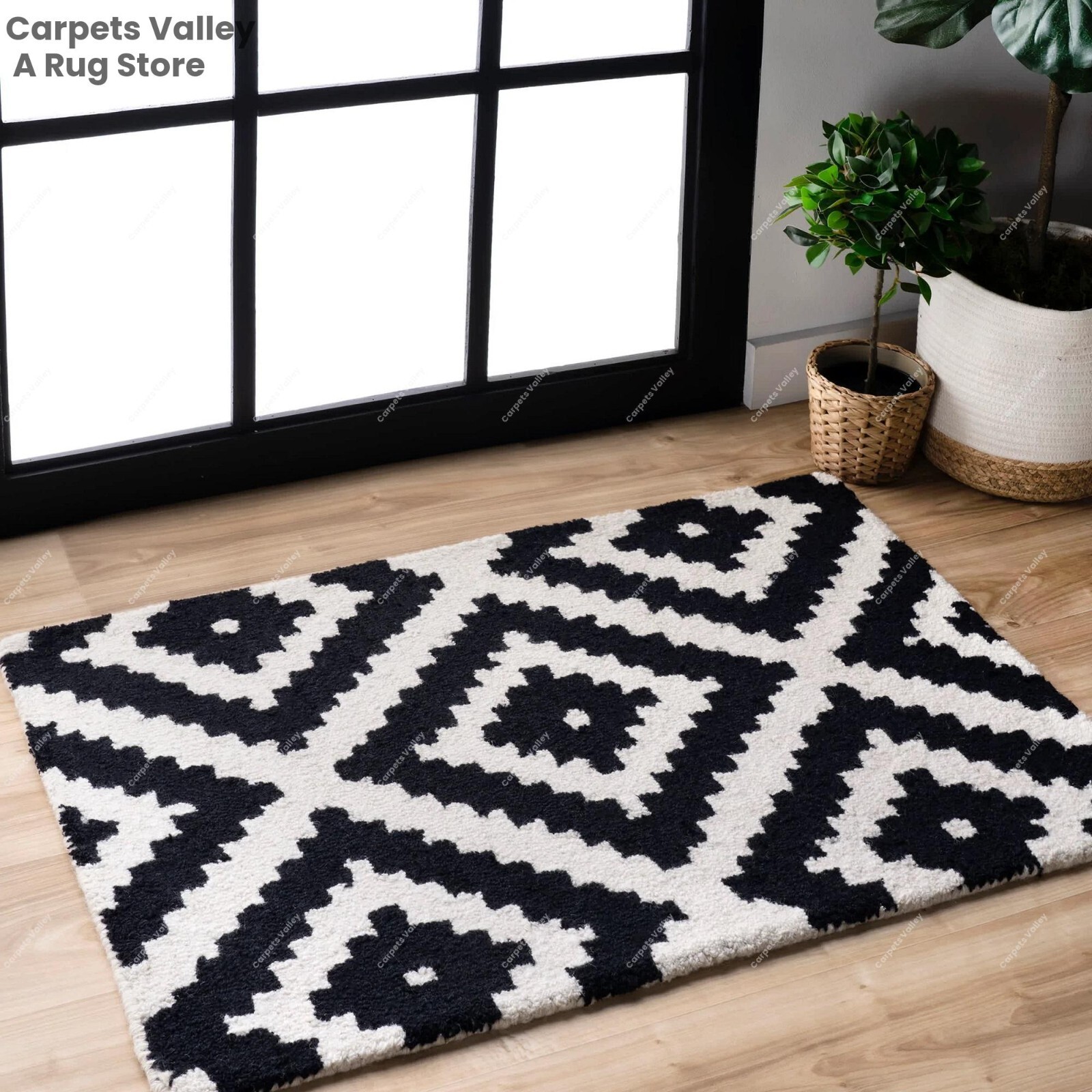 Dimond trellis Black Hand-Tufted Wool Area Rug Carpet Soft and Durable Home Deco
