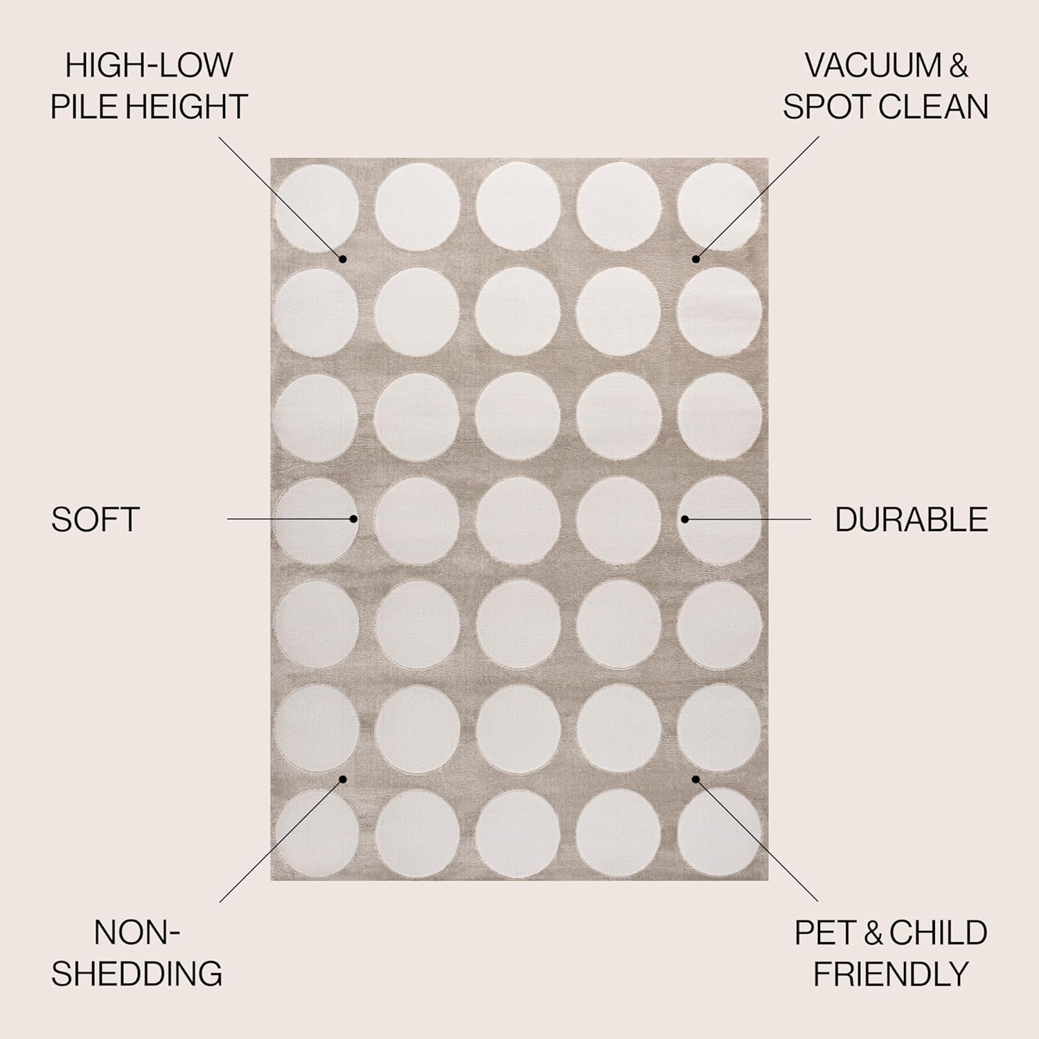 Modern Circle Dot High-Low Beige Area Rug 8×10 Ft, Pet-Friendly & Easy-Clean