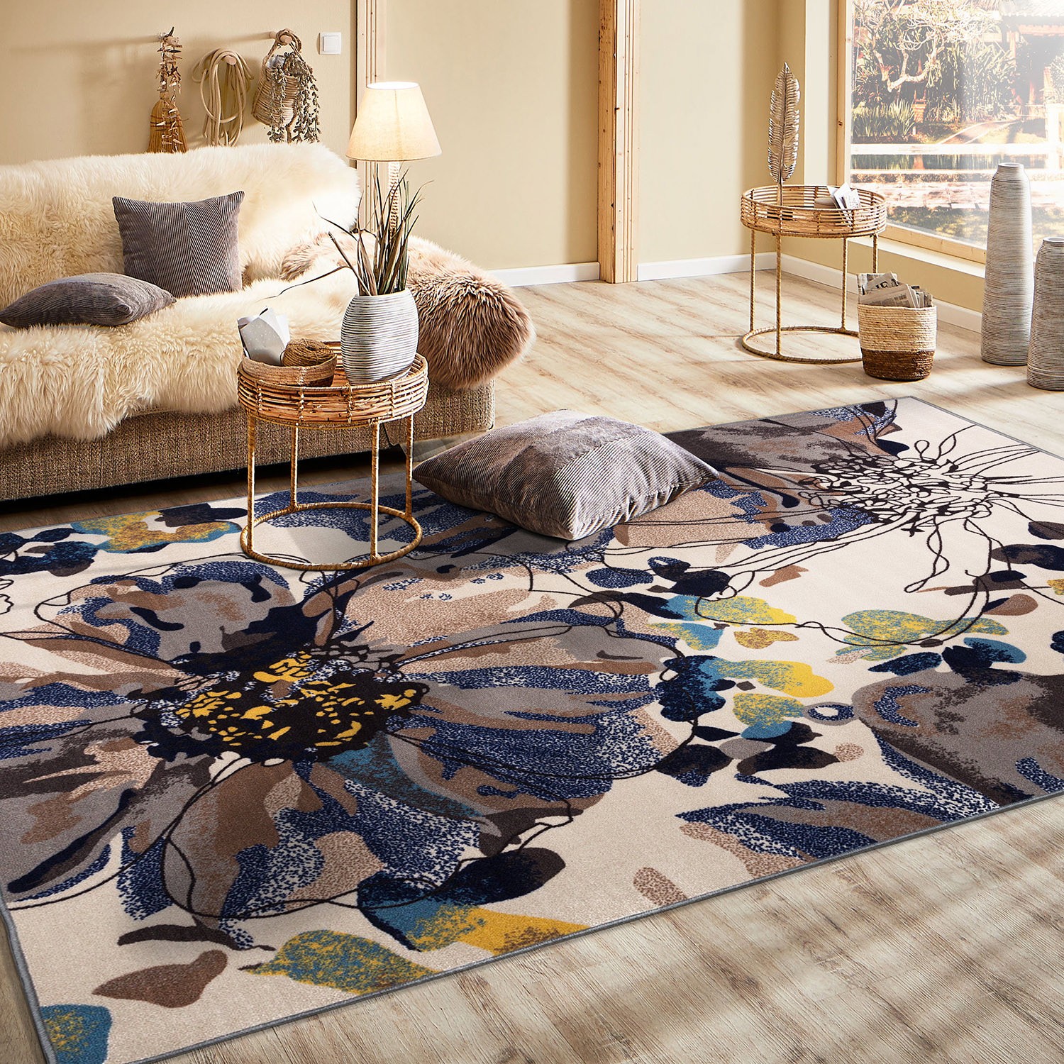 Rugsop Area Rug Modern Bright Flowers Non-Slip Carpet Large Living Room Rug 8×10