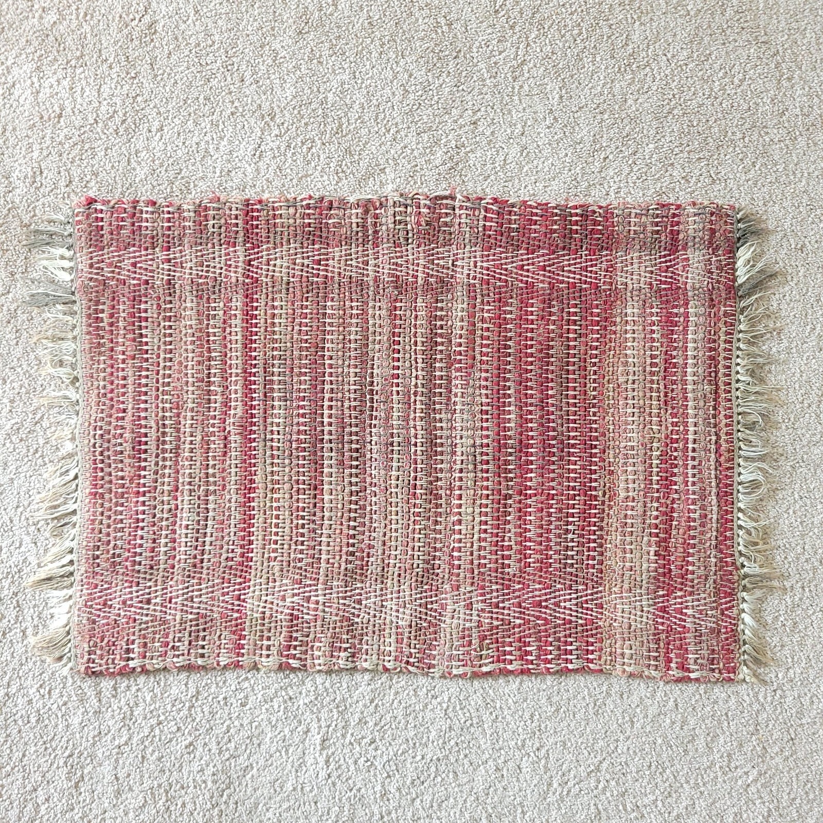 VTG Sweedish Handmade Cotton Rag Rug 22″ X 31″ Fringe Red Brown Striped