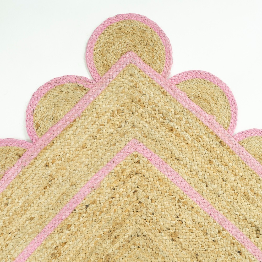Pink Scalloped Natural Jute Rug, Scallop Edge Bohemian Jute Rug, Custom Size Rug