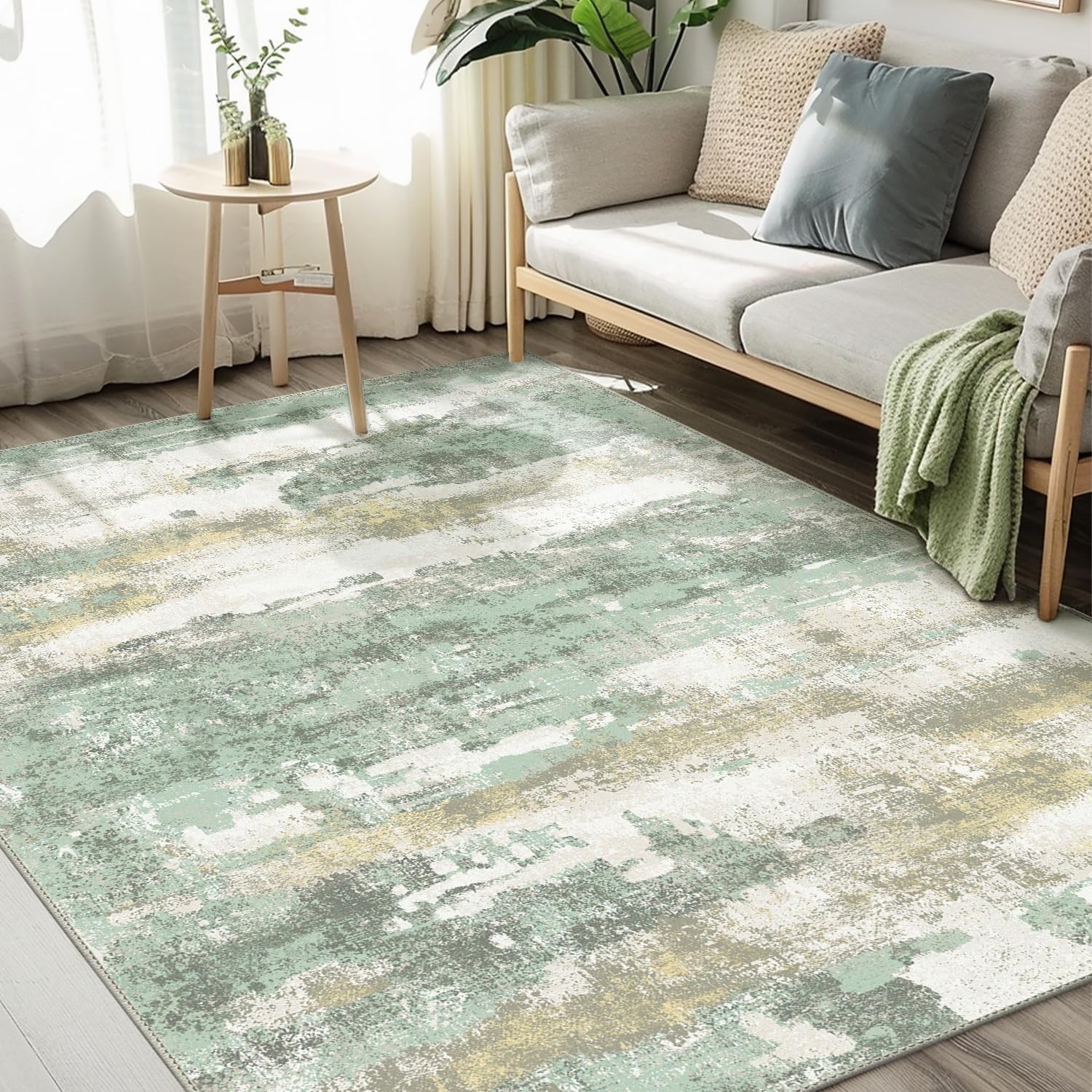 Area Rugs 5×7 for Living Room Bedroom, Modern Abstract Machine 5’x7′ Sage Green