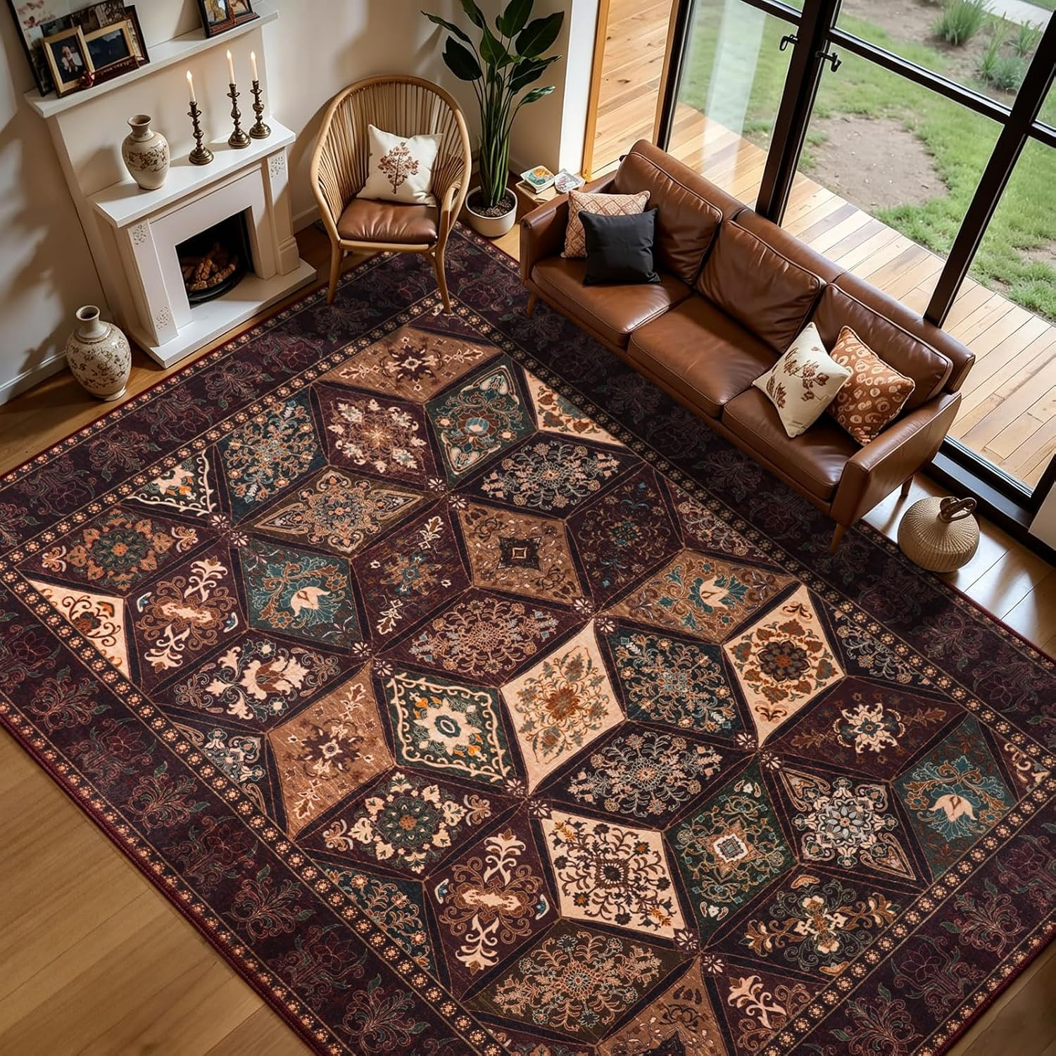 Vintage Rug 6X9, Washable Distressed Patchwork Rug for Living Room, Brown | Eleg