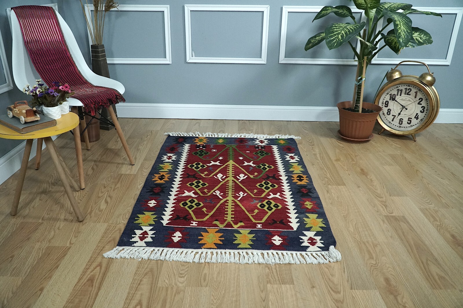 Turkish Kilim Rug, Mediterranean Kilim Rug, Carpet, 2.95×4.13 ft. H-2399