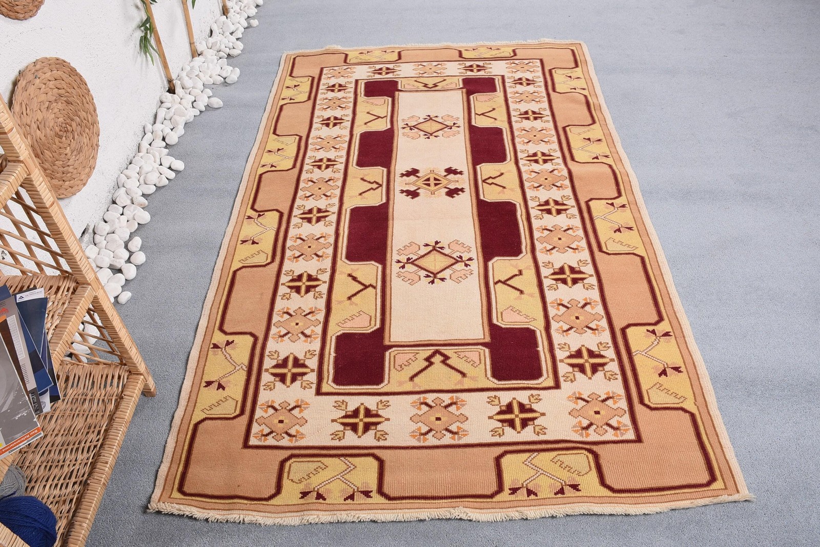 Turkish Area Rug, 4×6,5 ft Vintage Rug, Beige Wool Rug