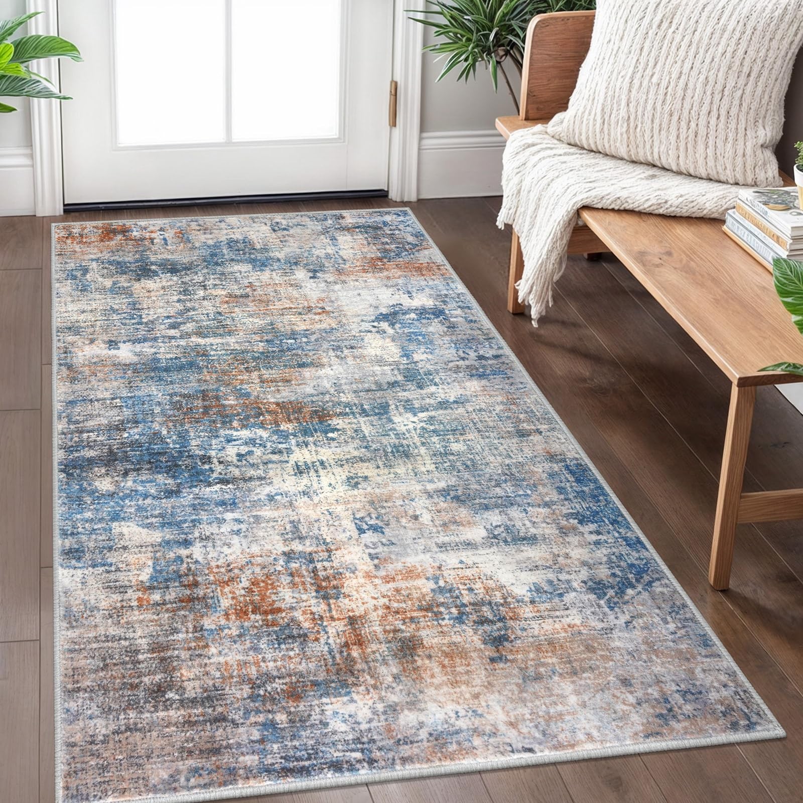 Abstract Area Rug 3×5 Washable Entryway Indoor Faux Wool Kitchen Blue Rust