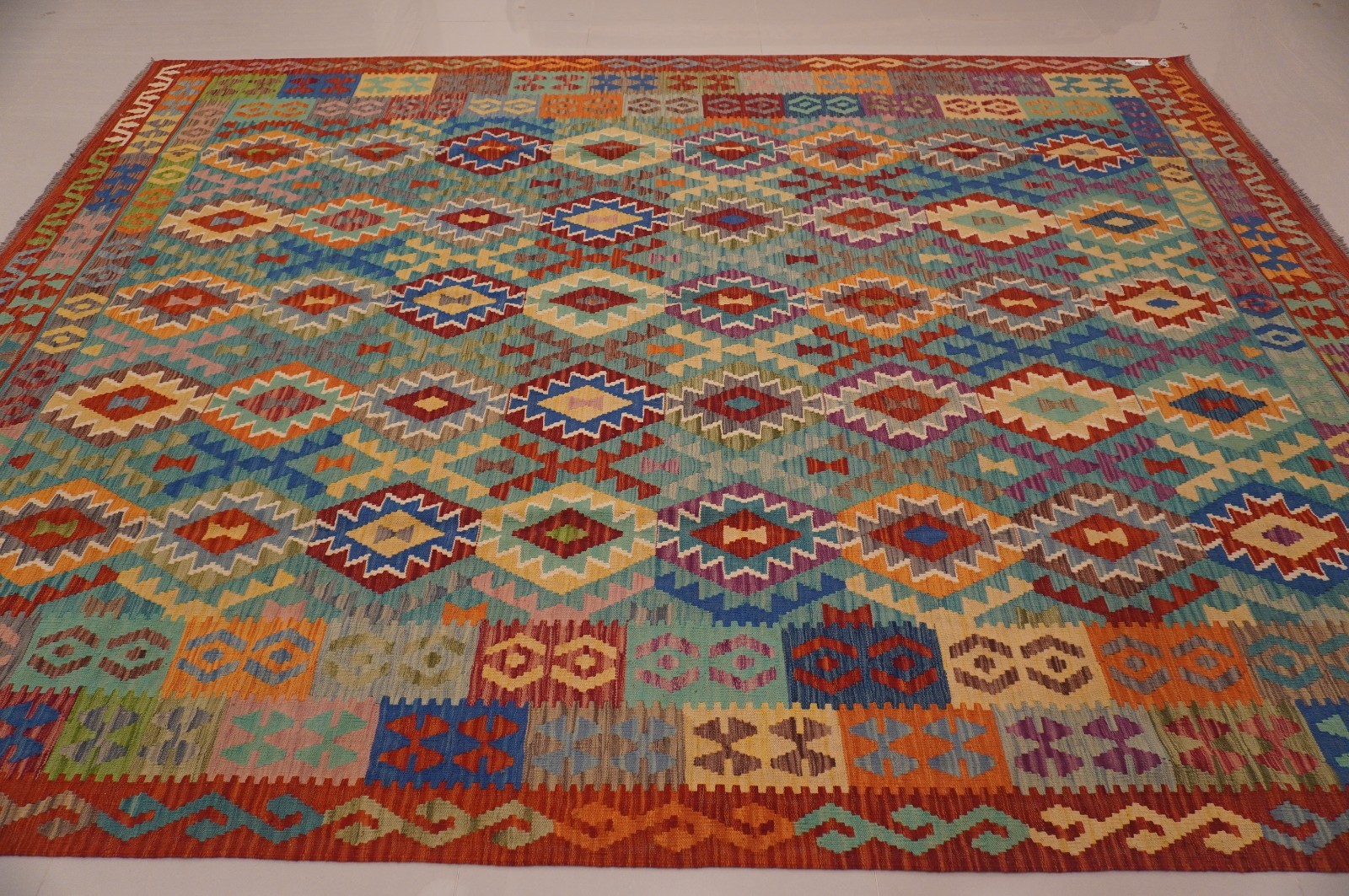 8×11 ft Blue Afghan Handmade Geometric Wool Kilim Area Rug ( 8’7″x11’4″ )