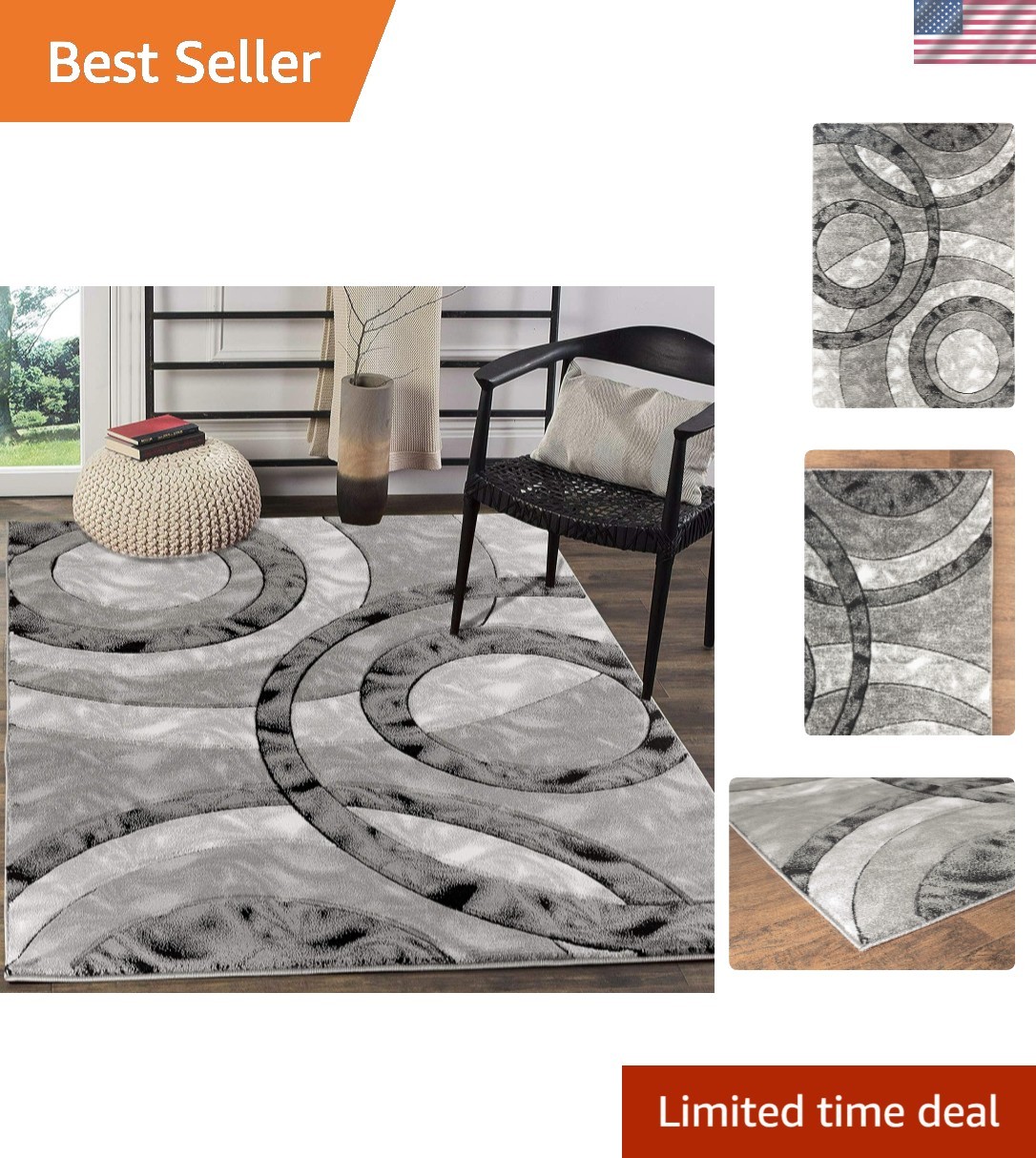 Elegant 5×7 Modern Area Rug in Grey & Black – Soft, Fluffy, Geometric Design