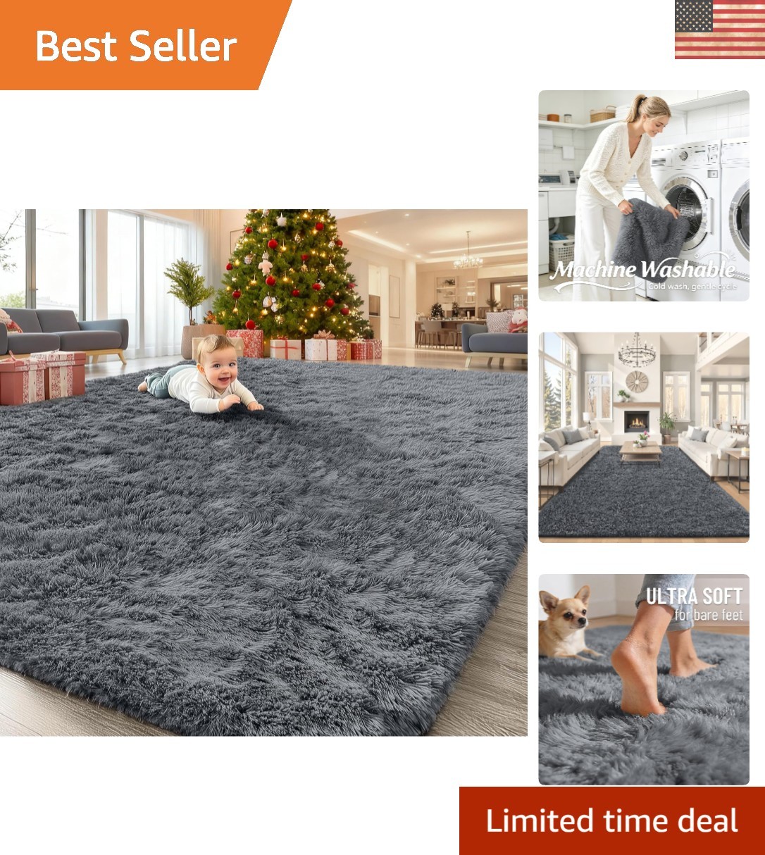 Plush 8×10 Grey Area Rug – Washable, Fluffy, Non-Slip & Family-Friendly
