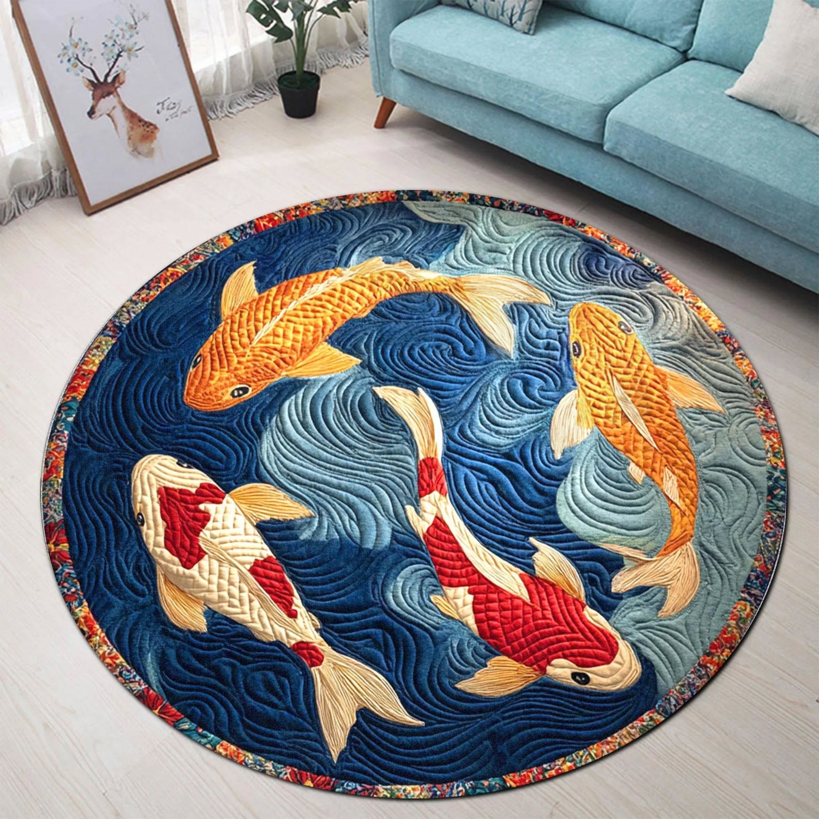 Koi Fish Round Rug Japanese Style Flannel Area Rug Water Wave Home Decor
