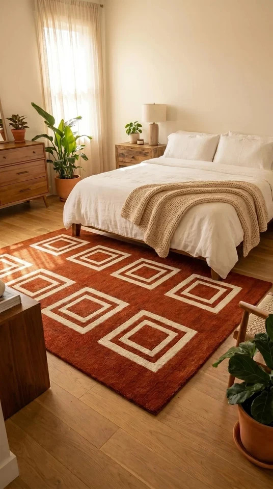 Hand Tufted Wool Rug Rust Orange Geometric Squares Modern Entryway Decor Rug