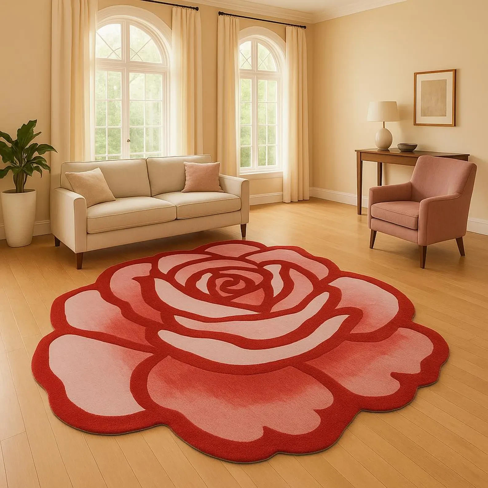 Red Rose Hand-Tufted Rug – Irregular Shape Floral Carpet for Living Room Bedroom