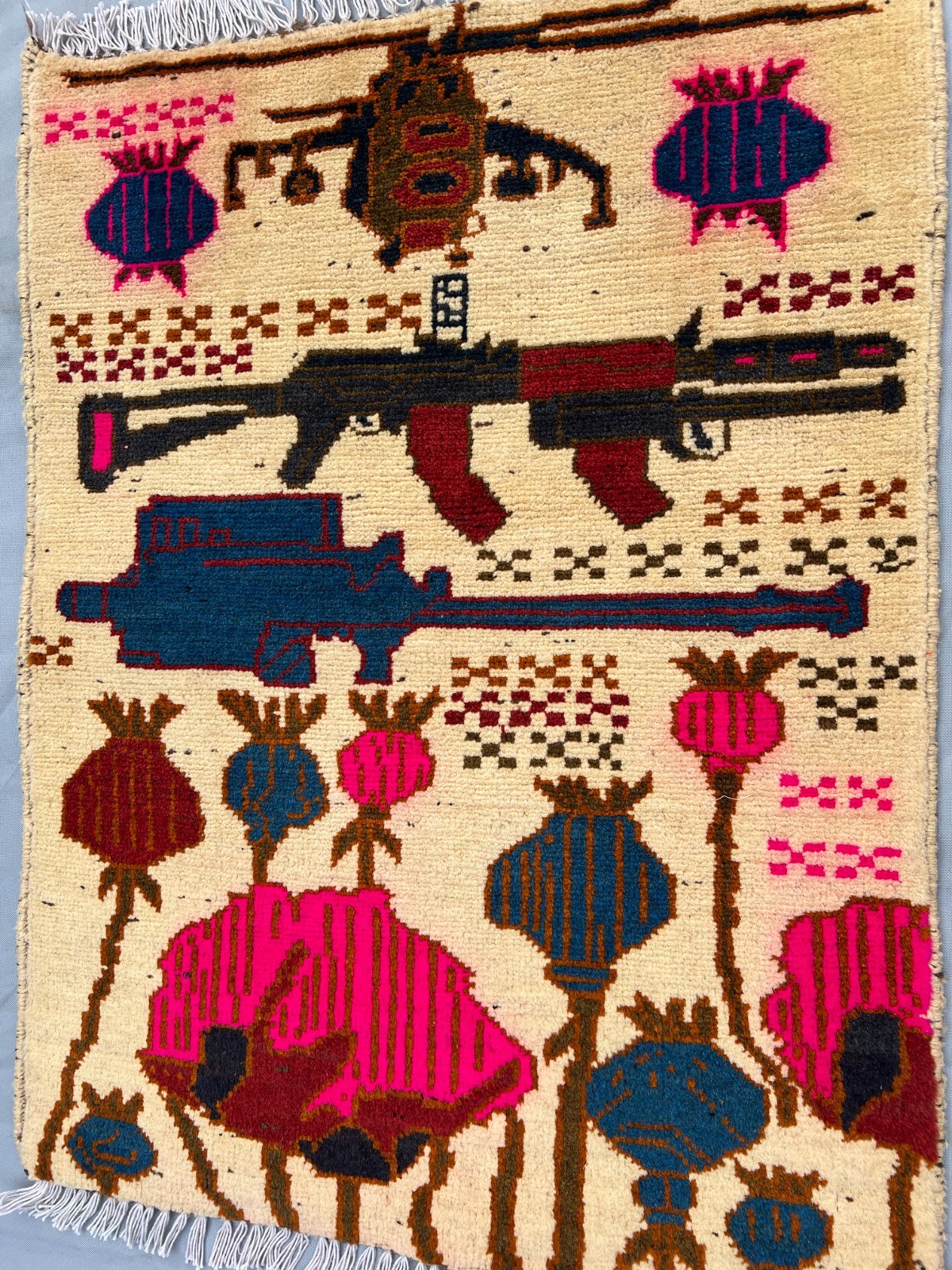 2 x 2’8 Ft Afghan Vintage War Rug – Rifle Helicopter Pictorial Wool Carpet