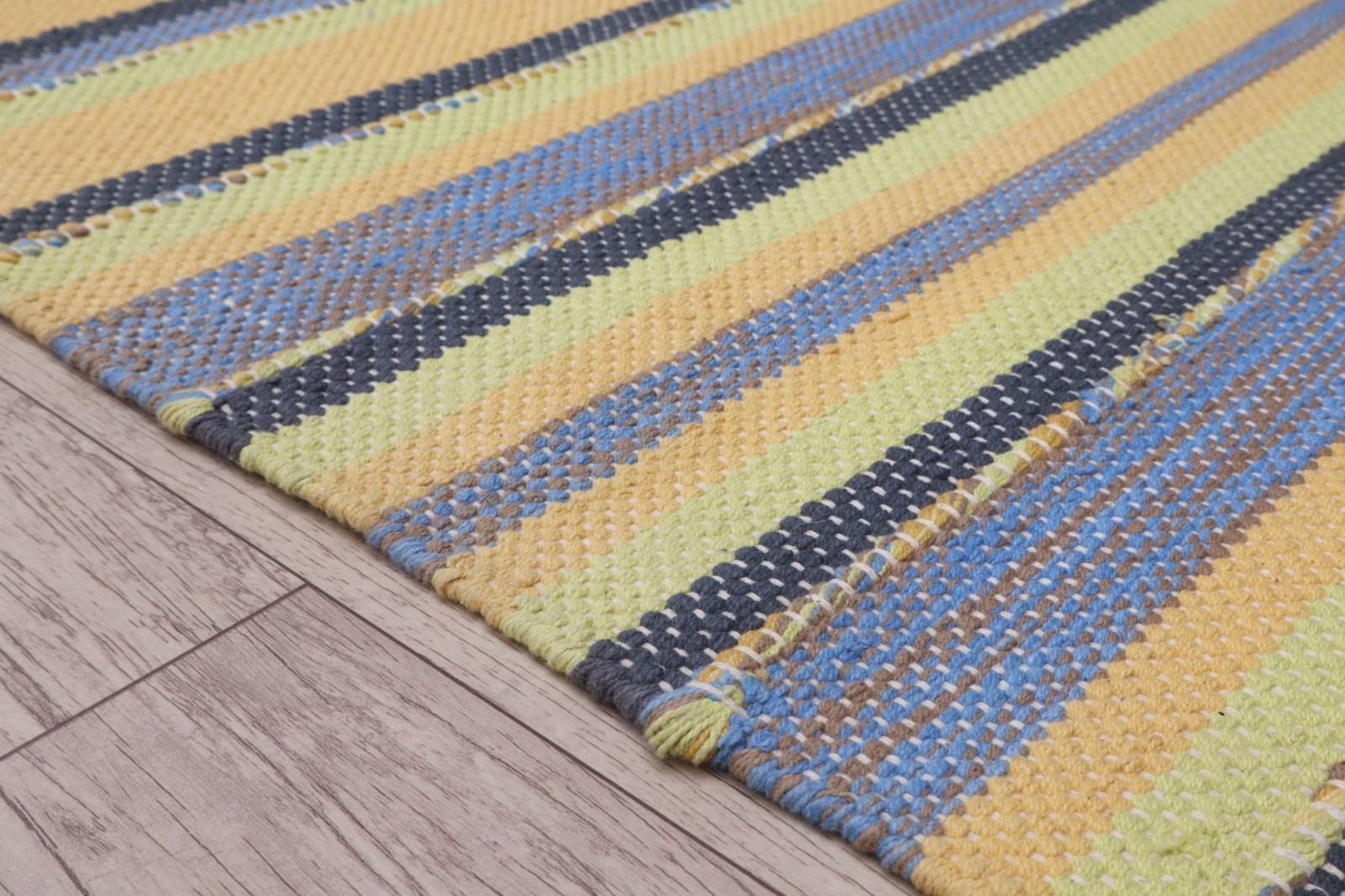 Handmade Flat Weave Kilim Rug Striped Yellow Blue Green Cotton Fringe 60×50 cm
