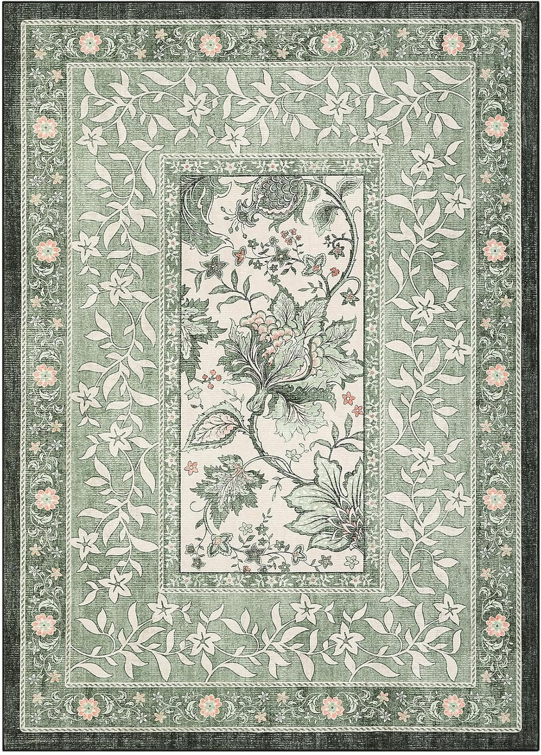 Botanical Grove Sage Green 9×12 Washable Area Rug for Living Room & Bedroom