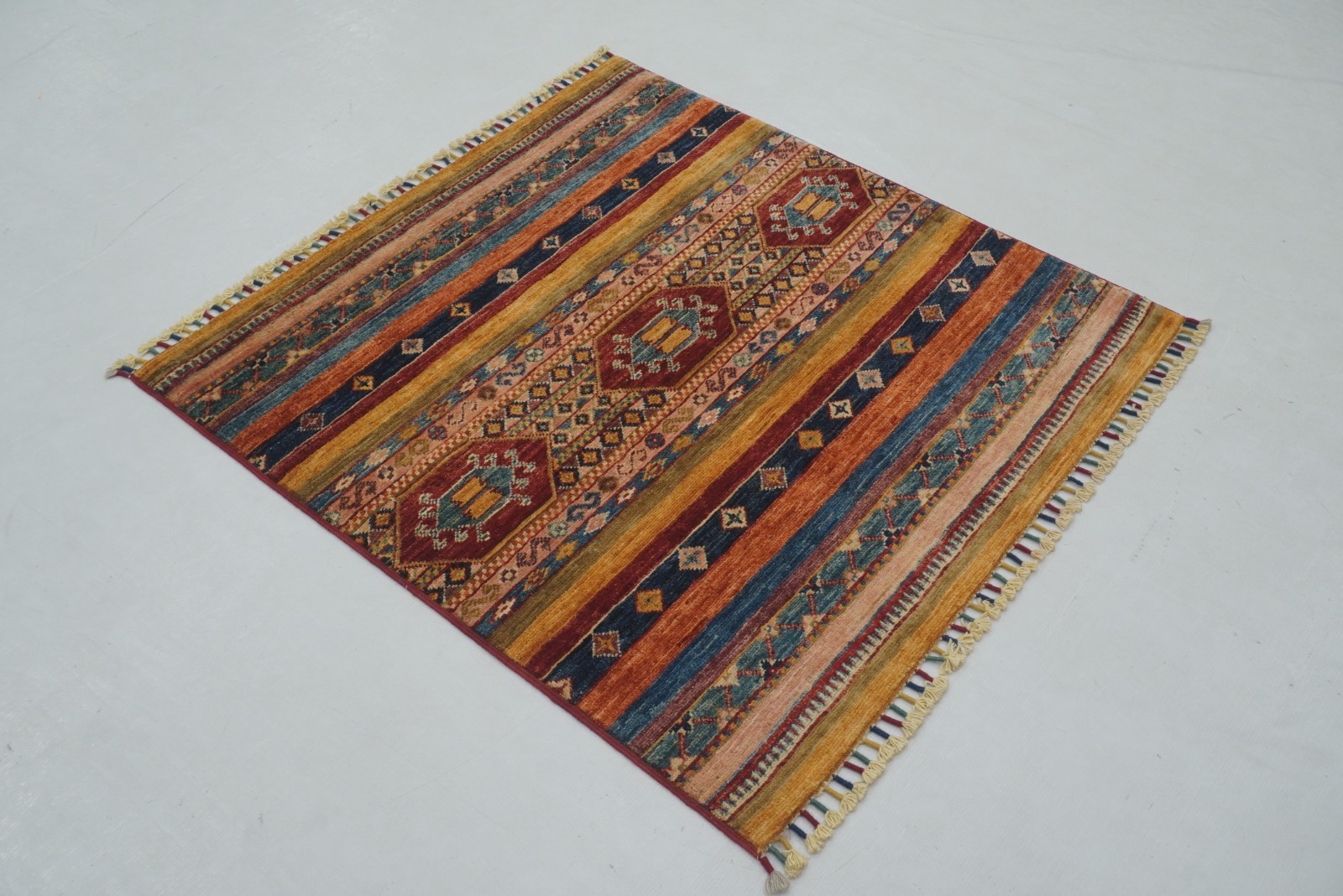 3×3 ft Multicolor Khorjin Afghan Hand Knotted Wool Tribal Small Square Rug