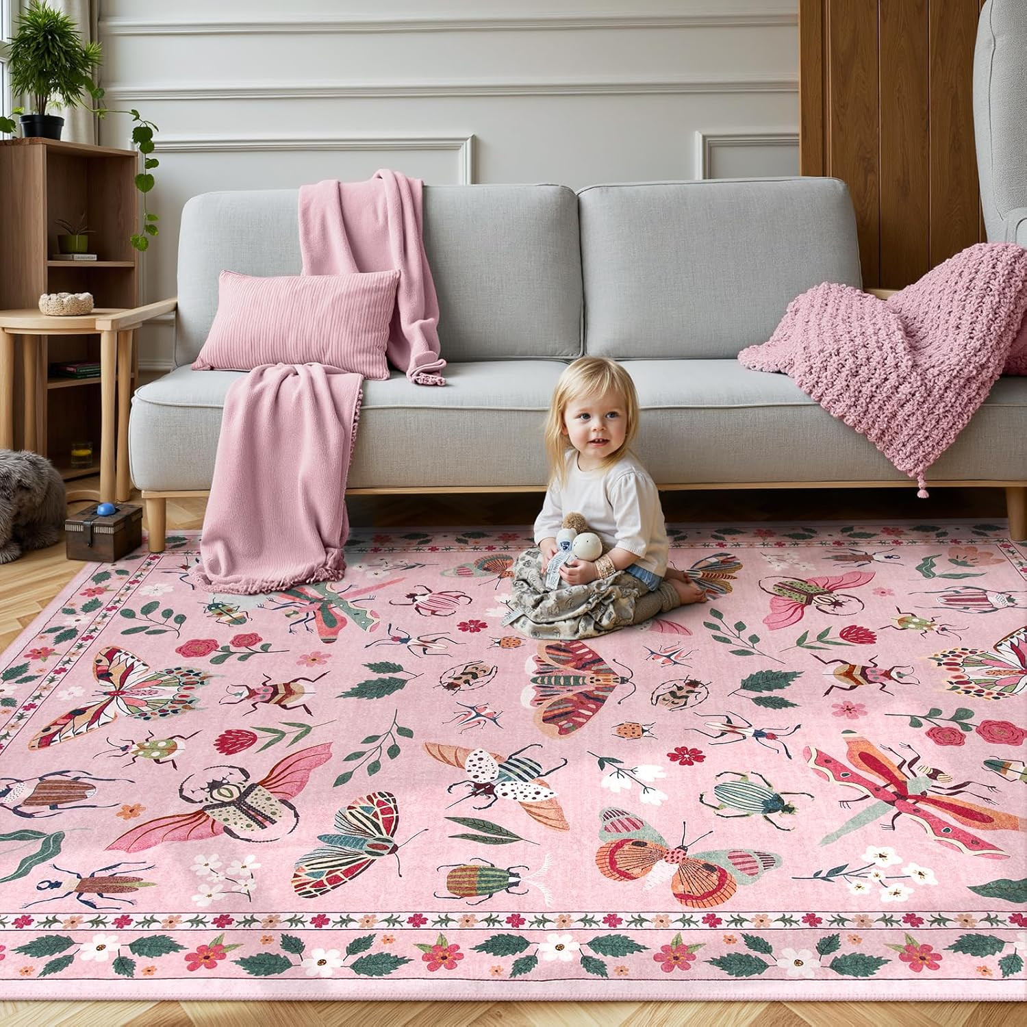Soft Pink Washable 6×9 Insect-Resistant Rug for Living Room & Nursery