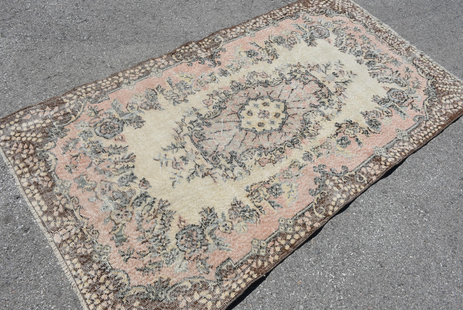 3,7×6,8 ft Rug, Vintage Turkish Rug, Brown Pink Floral Rug