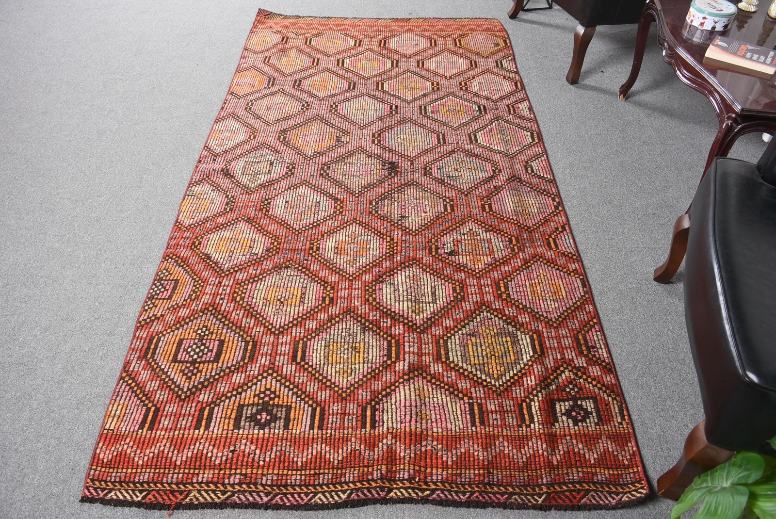 4,1×8,1 ft Turkish Rug, Vintage Area Rug, Red Floral Wool Rug
