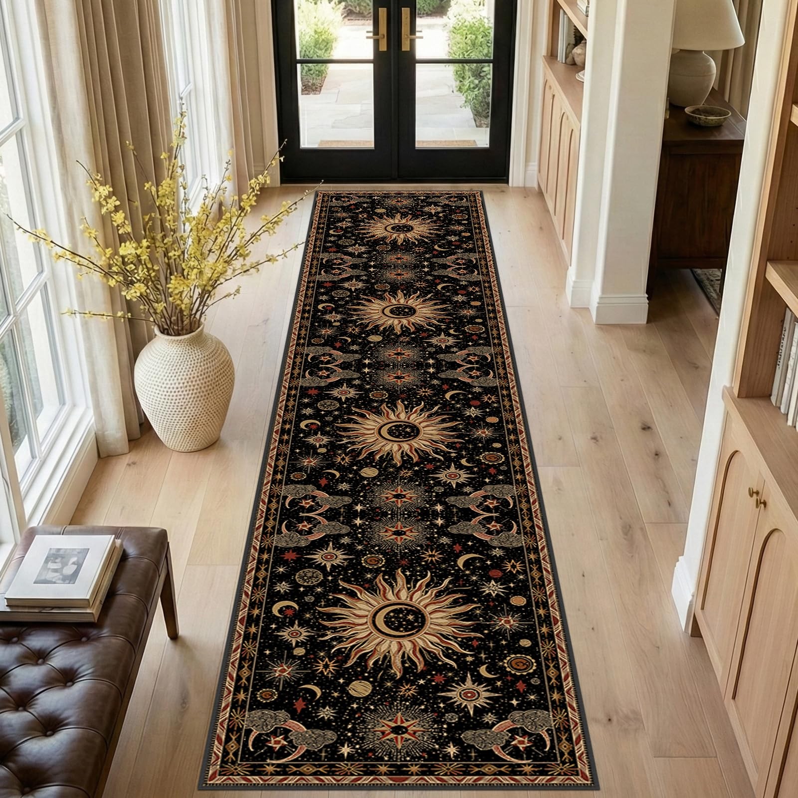 Vacuum-Friendly, 2×10 Washable Area Rug, Black Gold Beige Red