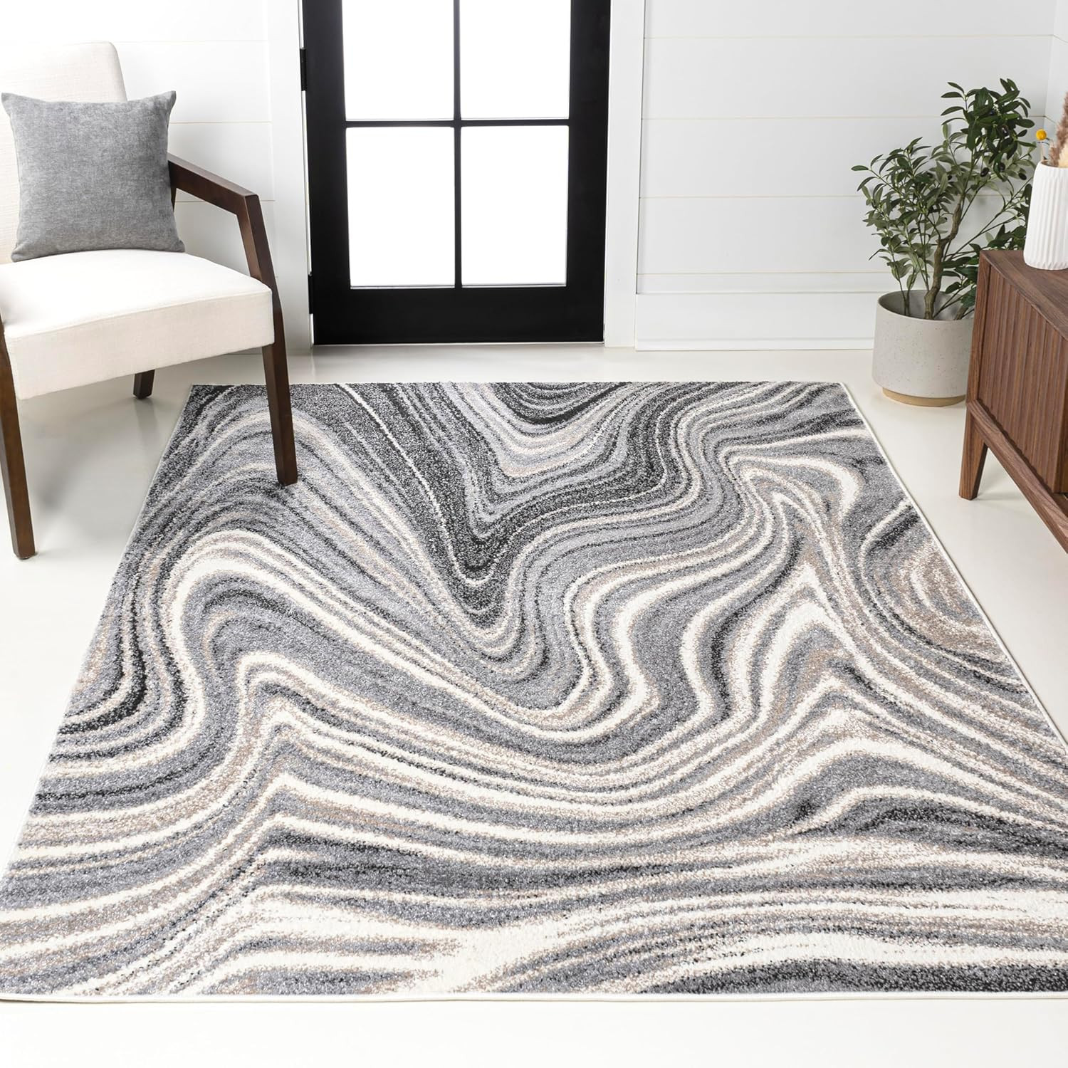 Eleni 8×10 Abstract Marble Area Rug – Charcoal/Cream, Easy-Clean, Pet Friendly