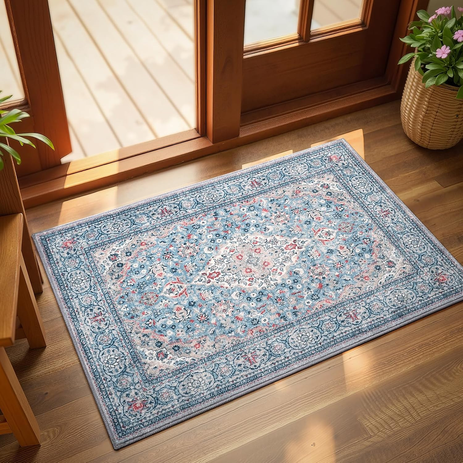 Blue Small Washable Area Rug, 2×3 Boho Vintage Entryway Rugs, Soft Non Slip Flor