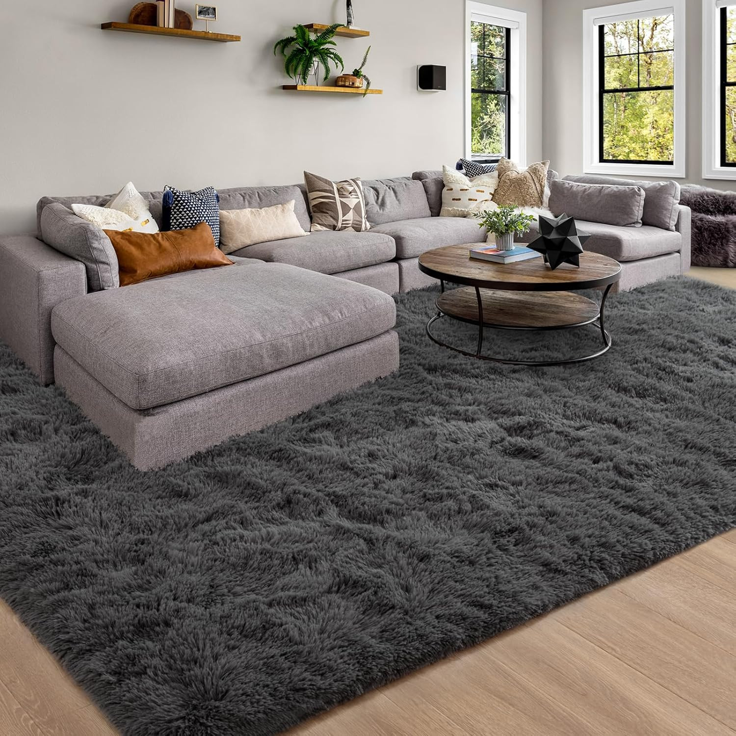 Large Dark Grey Shaggy Rug 9×12 Feet – Soft Non-Slip Plush Area Carpet