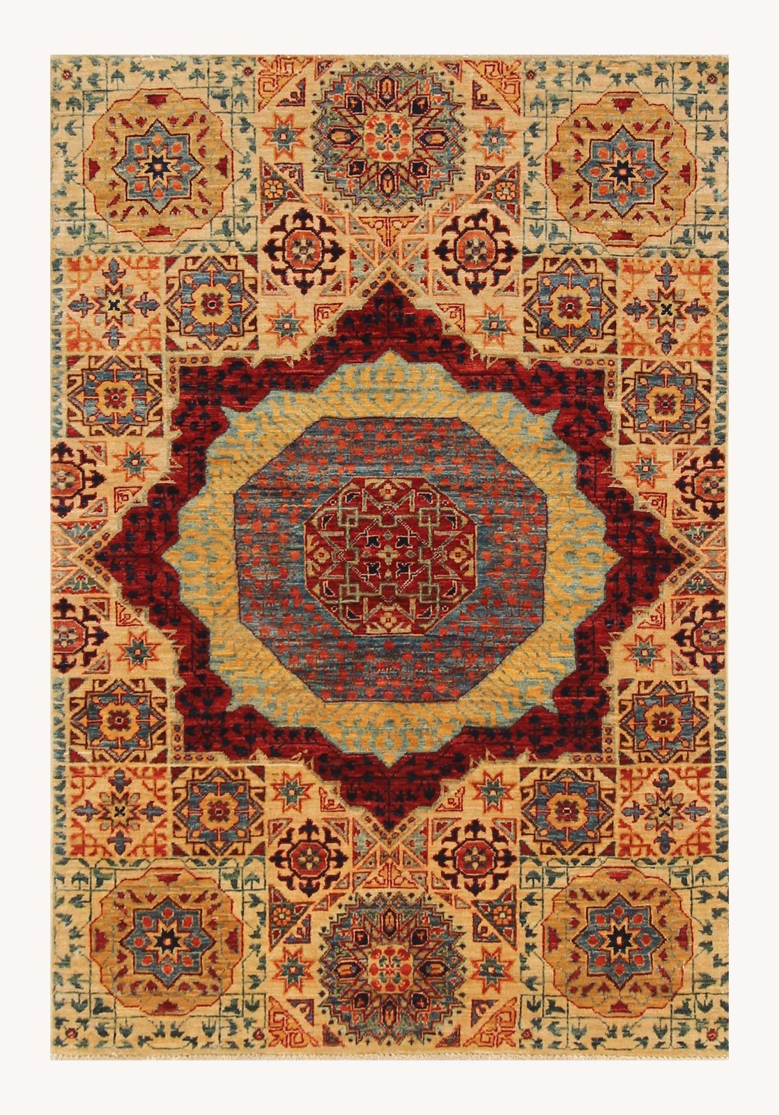 3×4 ft Ivory Beige Mamluk Afghan Hand Knotted Wool Medallion Rug