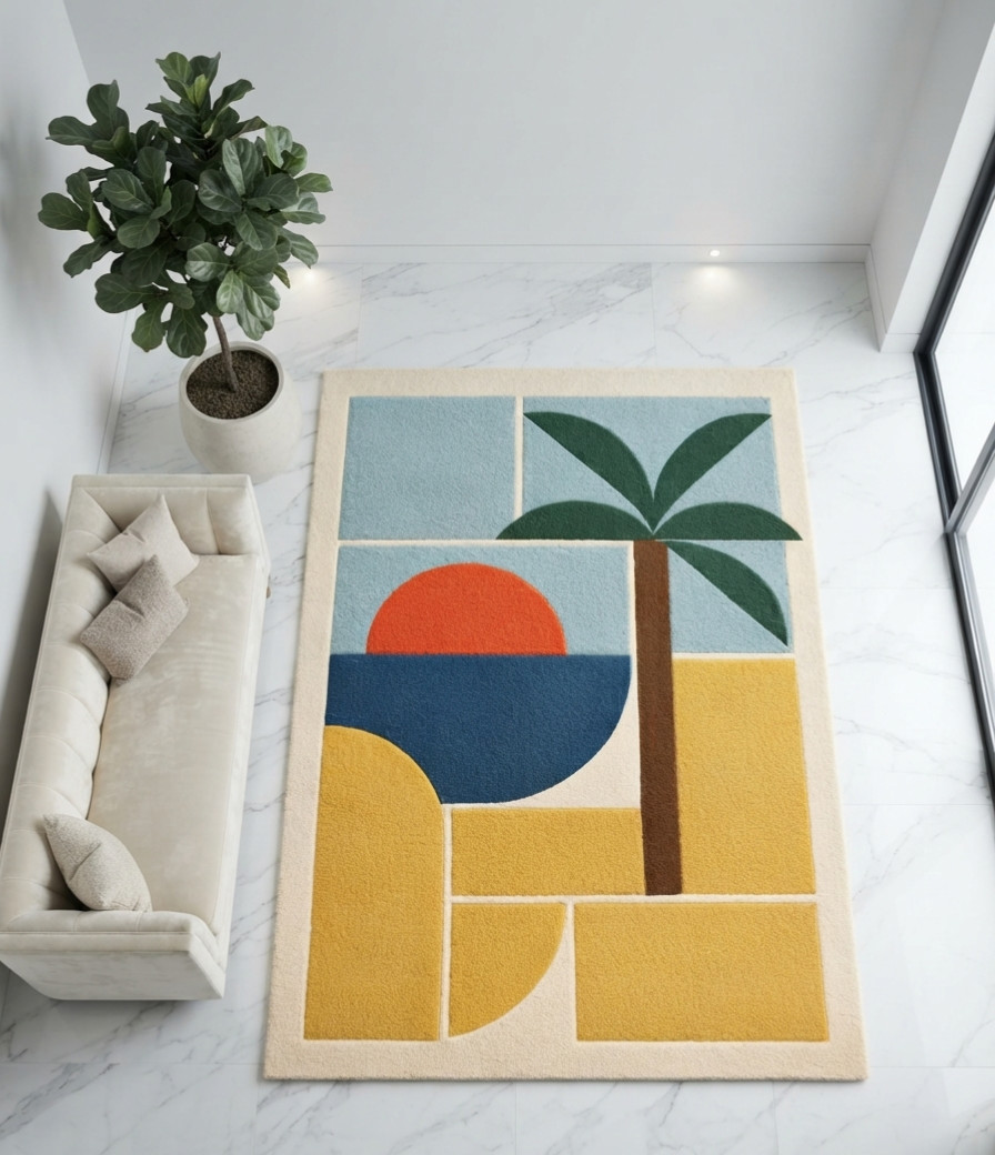 Hand Tufted Wool Abstract Palm Tree Area Rug Modern Coastal Custom Size