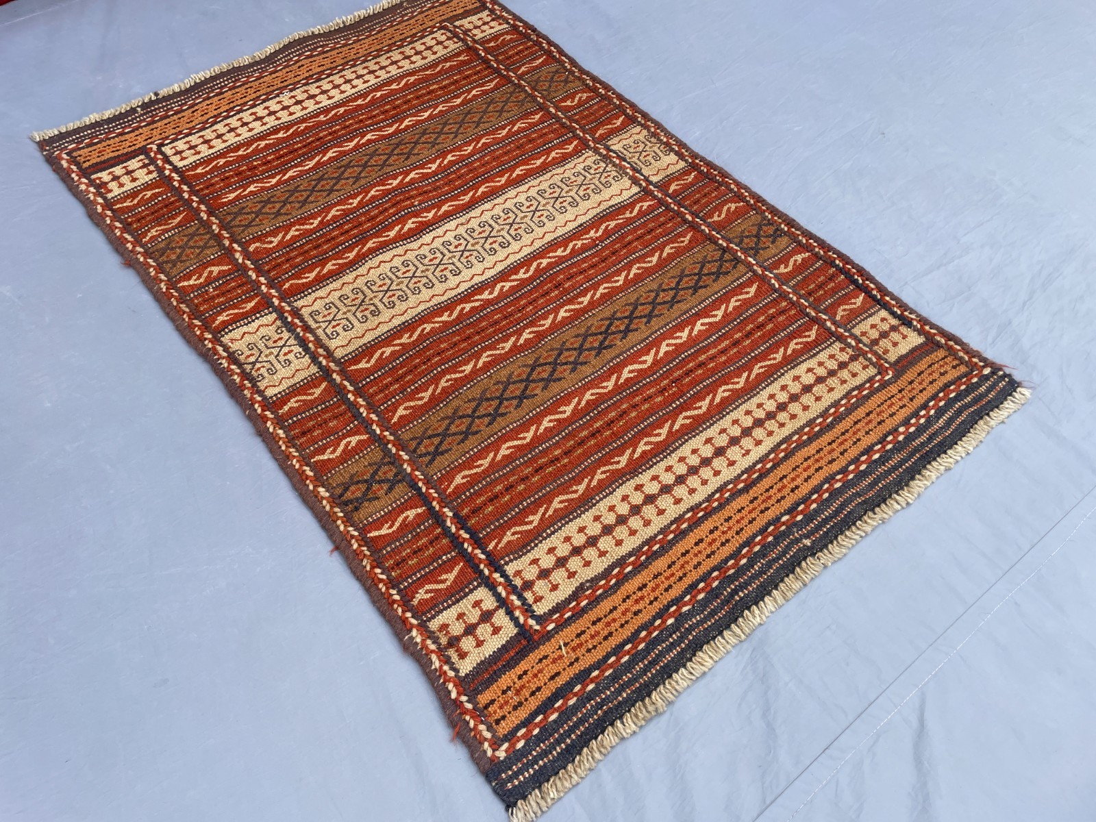 2×3 Handwoven Afghan Kilim Rug Tribal Wool Flatweave with Hooked Motifs N Stripe