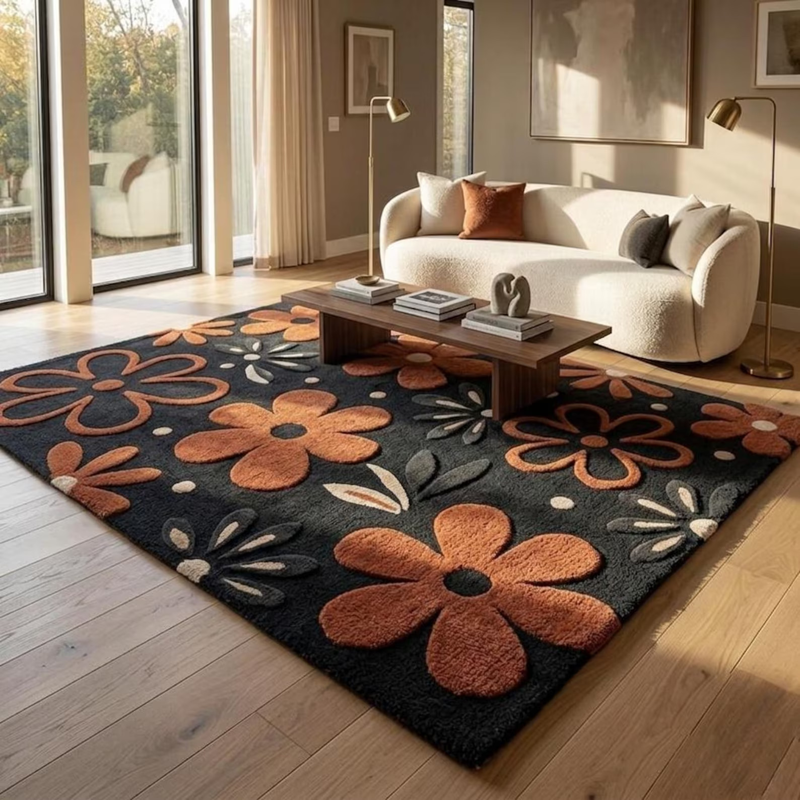 Hand Tufted Floral Area Rug, Tufted Wool Carpet, Retro Flower Pattern, Handmade