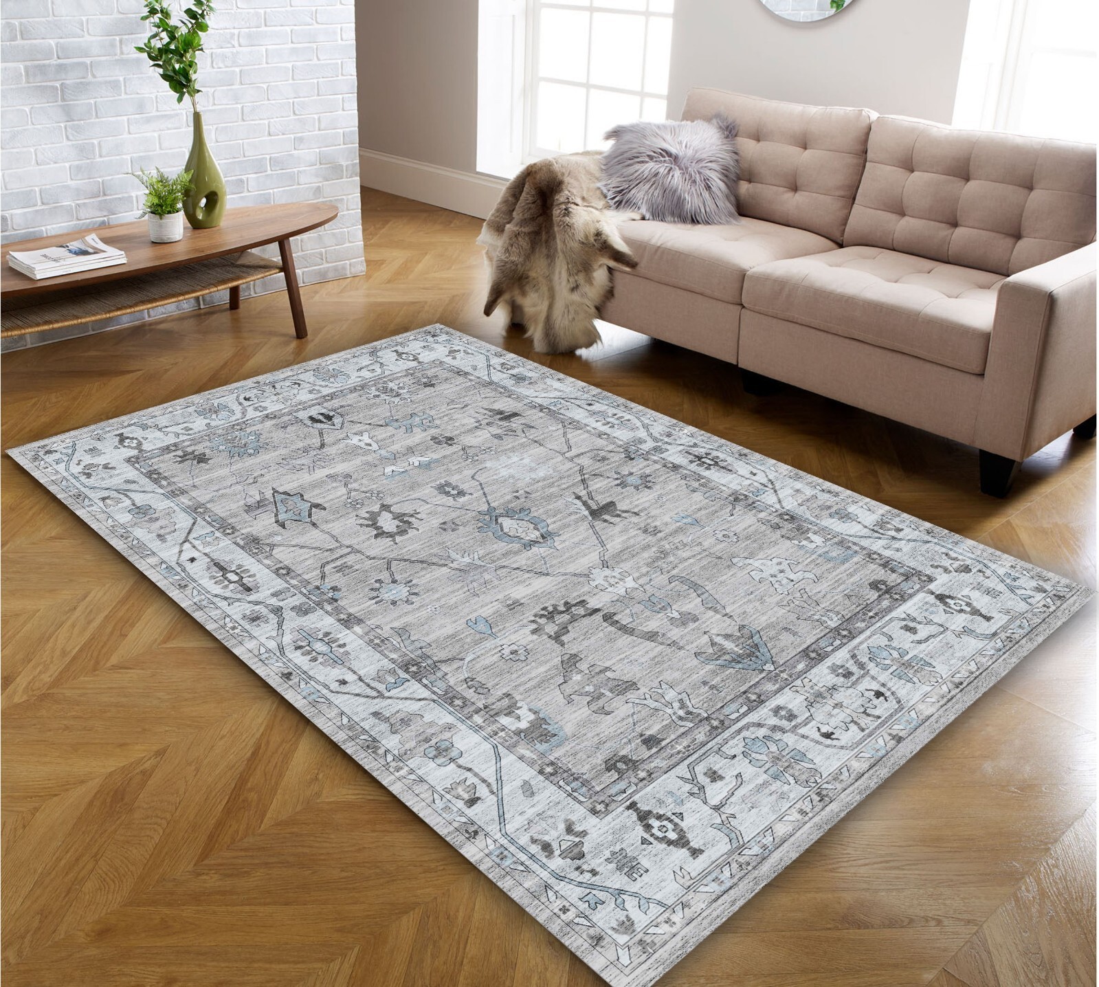 Boho Chic Gray Area Rug- Faded Muted Oushak Rug – Floral Design Kilim Rug