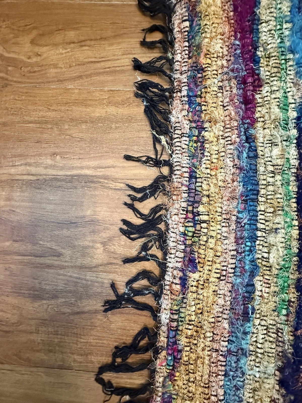 Vintage Handwoven Chindi Bohemian Rug 3×5 Multi w Metallic Yarn Accents Tassel 1