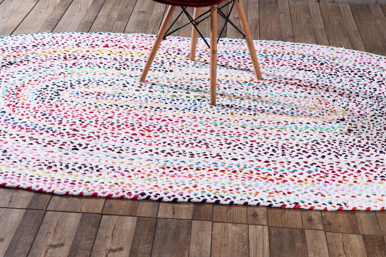 Handmade Bohemian Braided Cotton Chindi Area Rug in Ivory and Multicolor