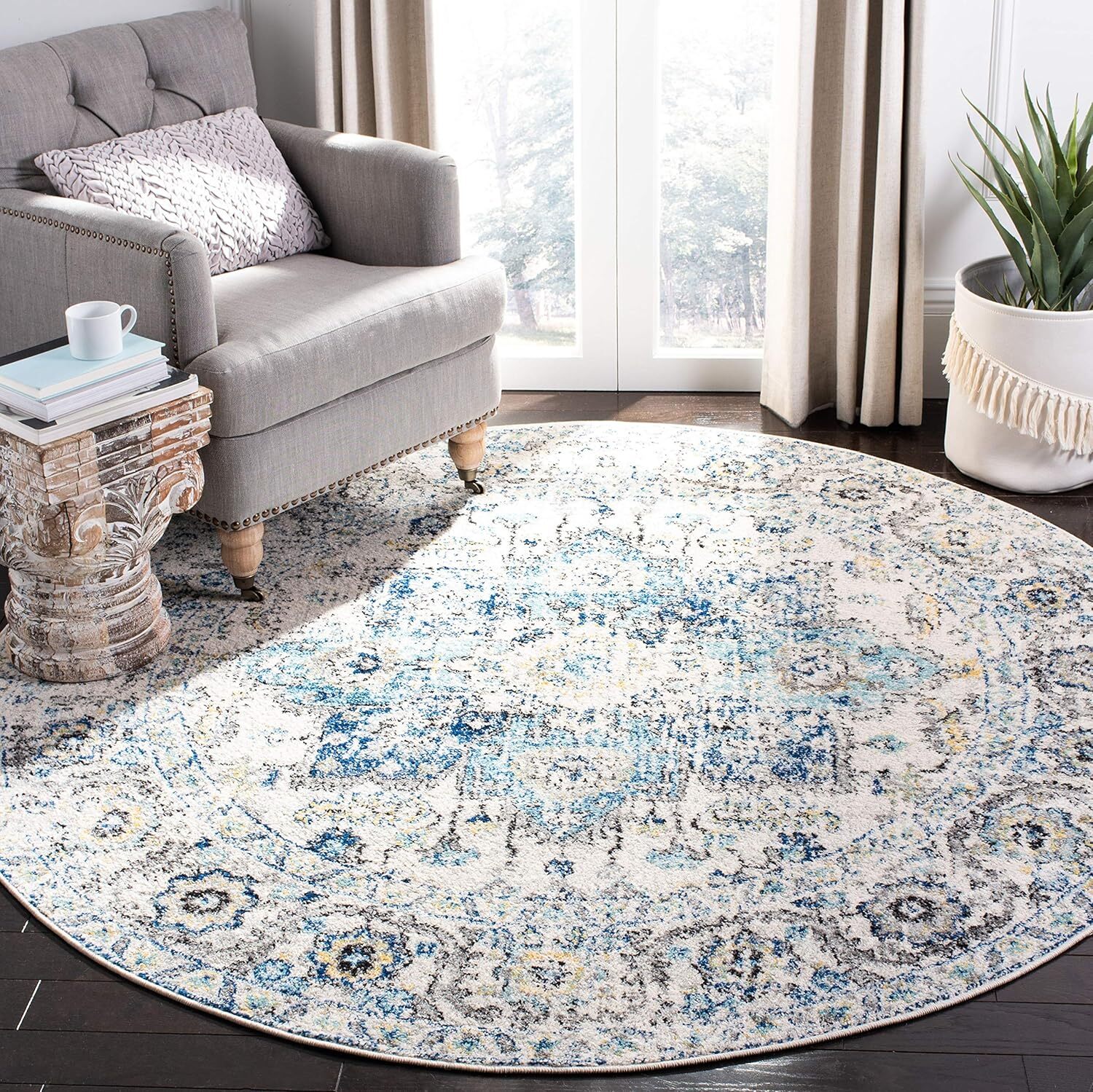 Madison Collection Area Rug – 4′ Round, Turquoise & Ivory, Snowflake Medallion D