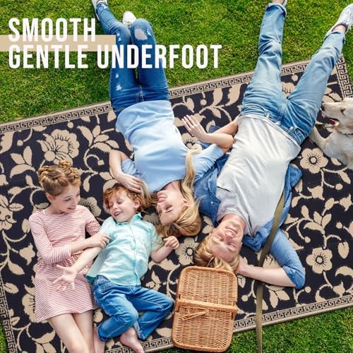 Waterproof Outdoor Rug 5×8 ft, Luxury Black Beige Floral Boho Area Rugs Mat