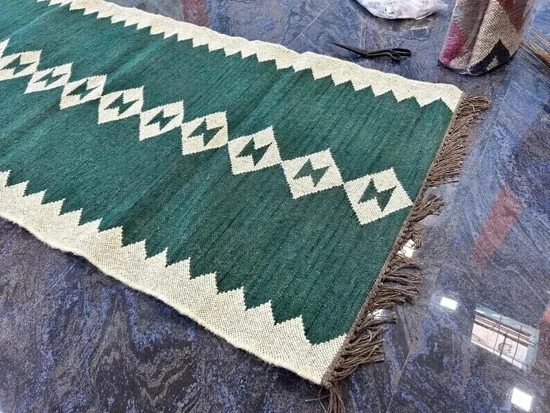 Green southwestern kilim rug Wool Jute Vintage Kilim Rug Moroccan Navajo rug