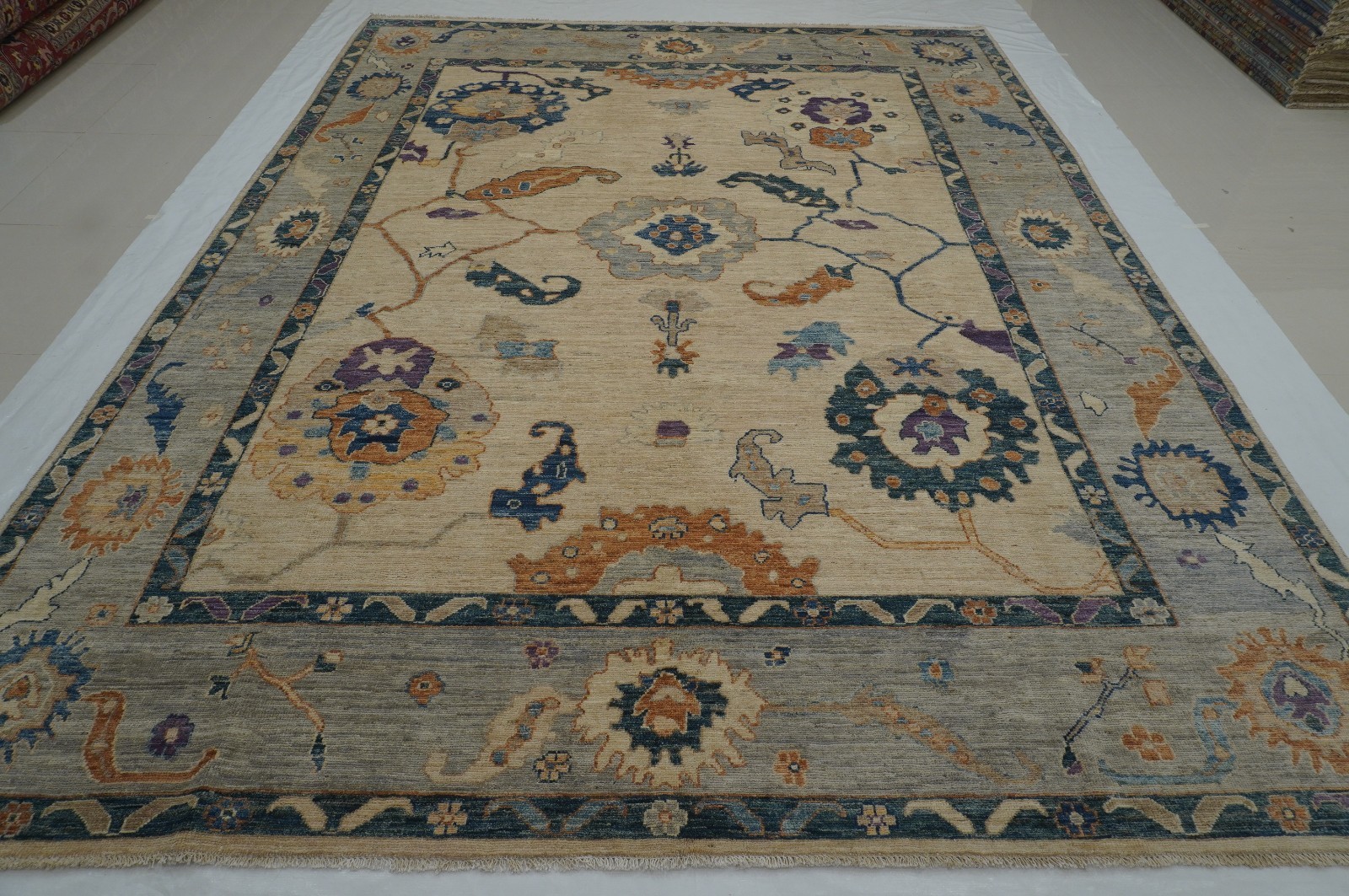 9×12 ft Beige Turkish Oushak Hand Knotted Wool Oriental Area Rug (8’10″x11’7″)