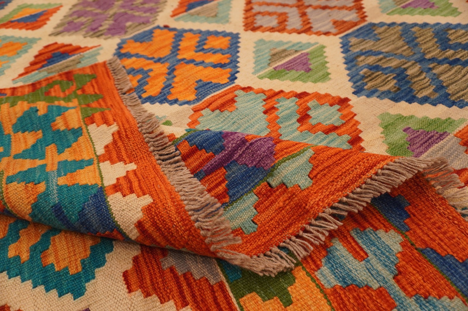 8×11 ft Beige Afghan Handmade Geometric Wool Kilim Area Rug (8’4″x11’5″)